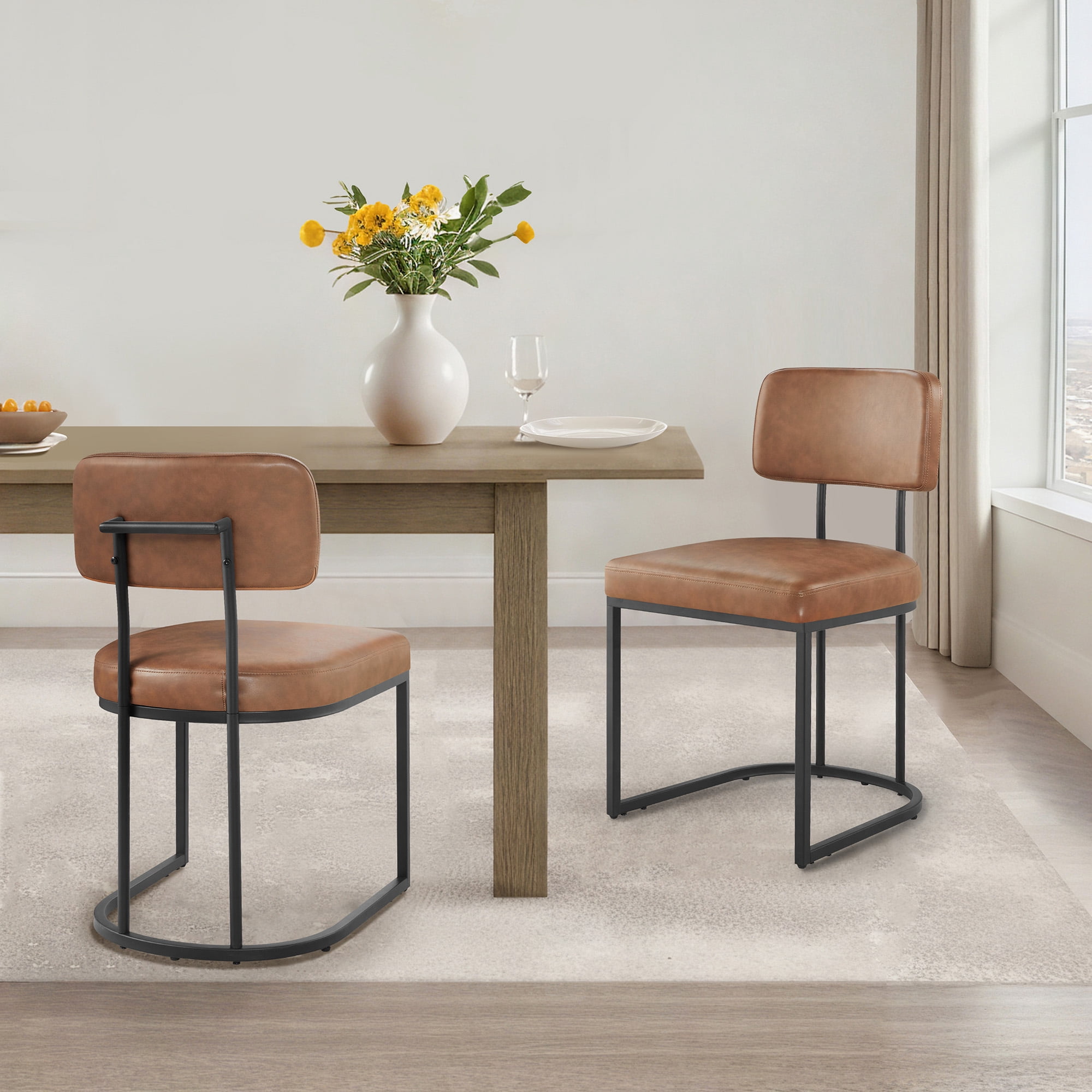 Spruce & Spring Modern Low-Back Metal Dining Chair with Upholstered Seat Set of 2, Brown&Black Metal Frame