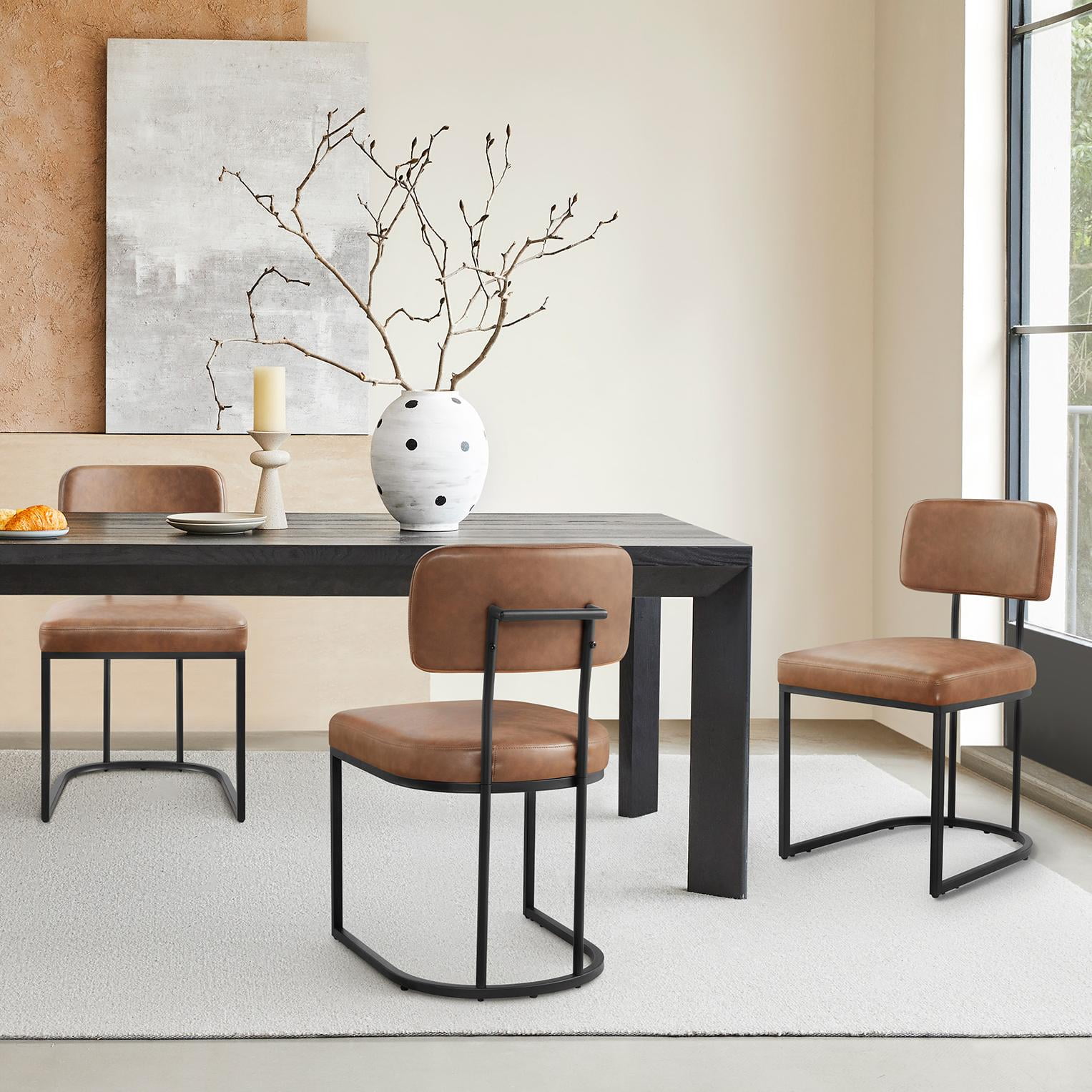 Spruce & Spring Modern Low-Back Metal Dining Chair with Upholstered Seat Set of 3, Brown&Black Metal Frame