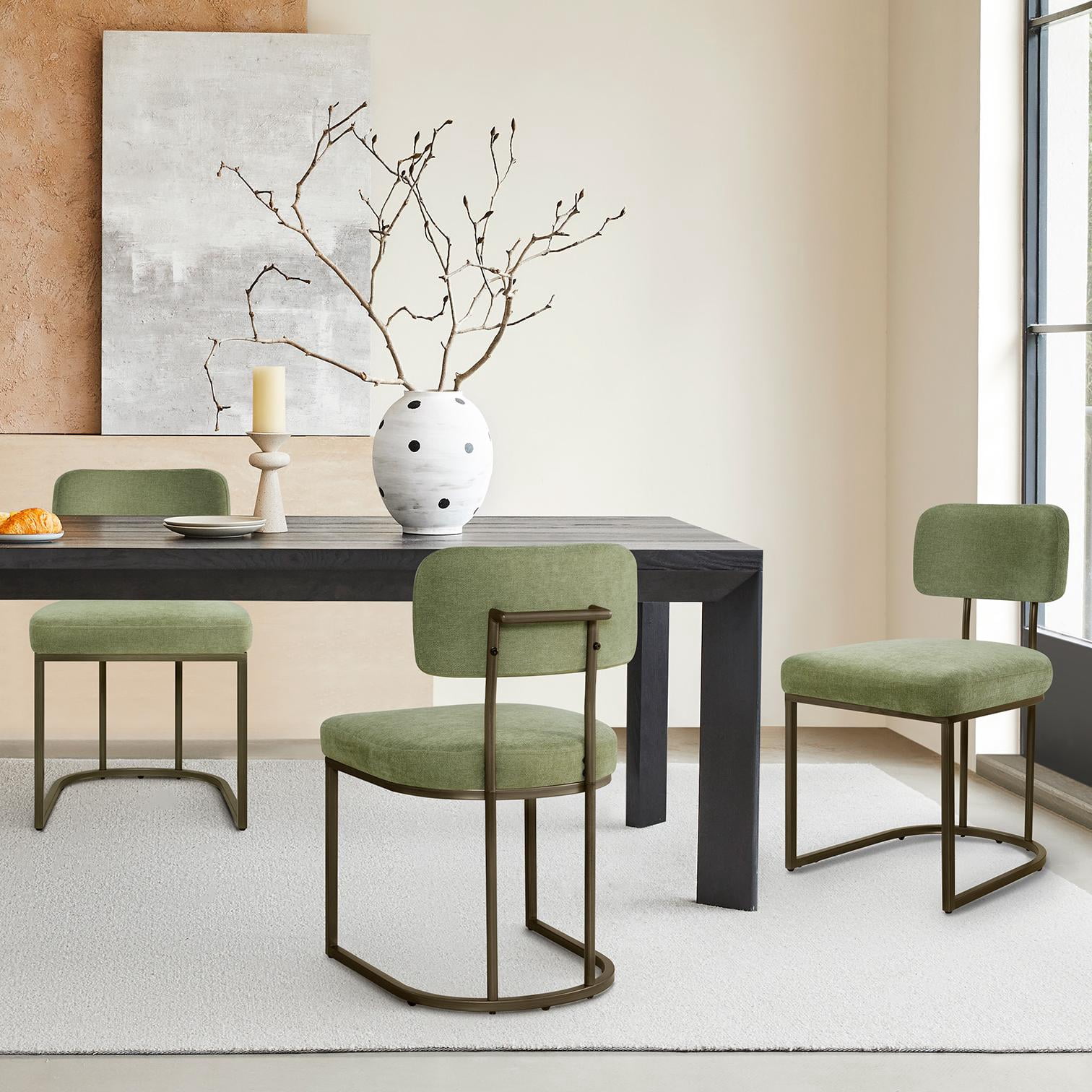 Spruce & Spring Modern Low-Back Metal Dining Chair with Upholstered Seat Set of 3, Green&Brass Frame