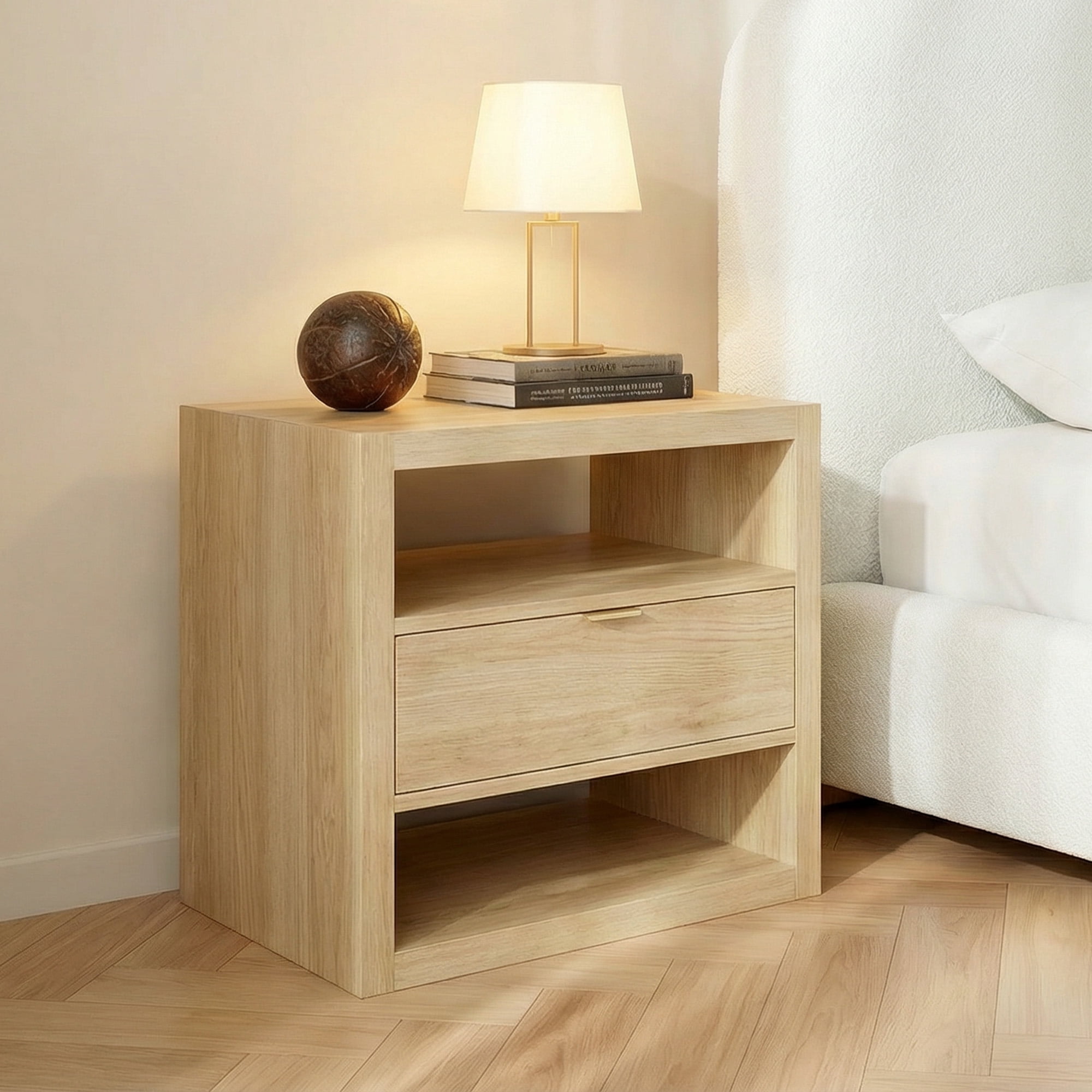 Spruce & Spring Modern Nightstand End Table with Storage Drawer, Farmhouse Style Bedside Table, Easy Assembly, Natural