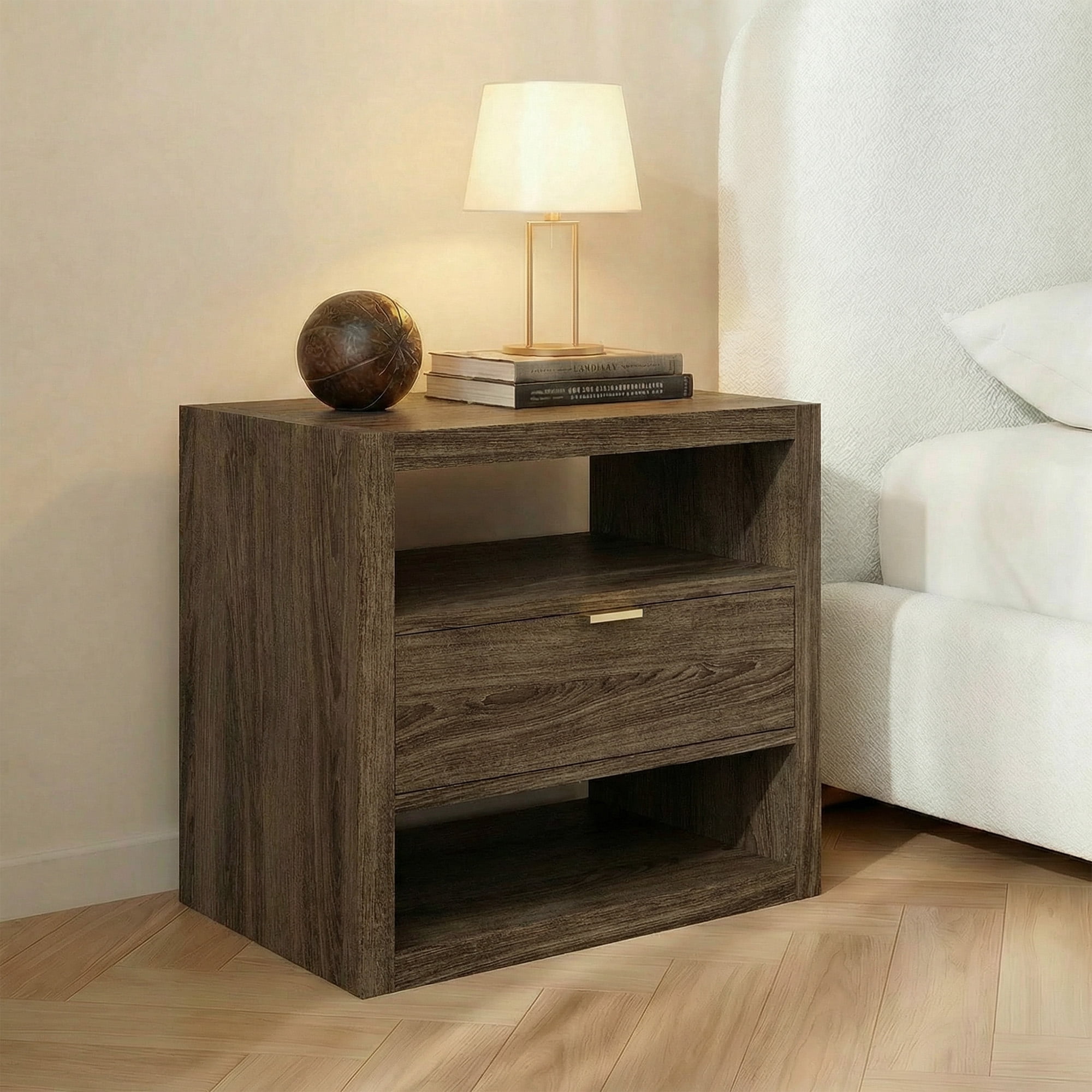 Spruce & Spring Modern Nightstand End Table with Storage Drawer, Farmhouse Style Bedside Table, Easy Assembly, Walnut