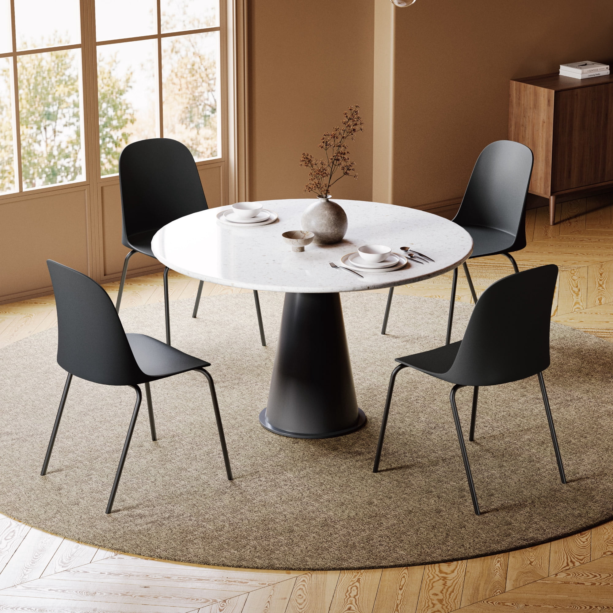 Spruce & Spring Modern Stackable Dining Chairs, Molded Plastic Kitchen Chairs with Metal Legs, Space-Saving Armless Design, BLACK, Set of 4