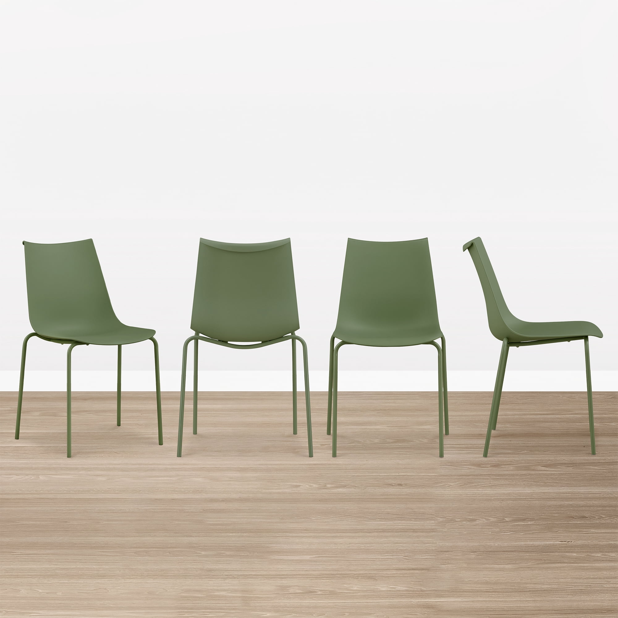 Spruce & Spring Modern Stackable Dining Chairs, Set of 4 Molded Plastic Kitchen Chairs with Metal Legs, Space-Saving Armless Design, Green