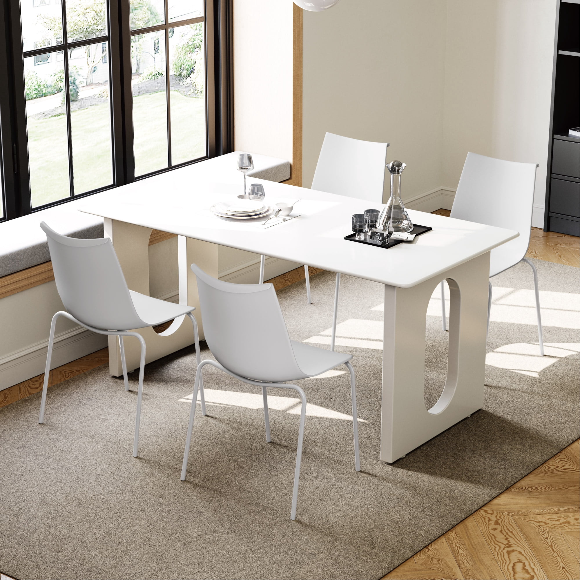 Spruce & Spring Modern Stackable Dining Chairs, Set of 4 Molded Plastic Kitchen Chairs with Metal Legs, Space-Saving Armless Design, White