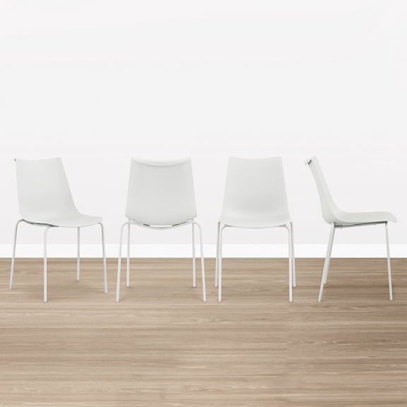 Spruce & Spring Modern Stackable Dining Chairs, Set of 4 Molded Plastic Kitchen Chairs with Metal Legs, Space-Saving Armless Design, White