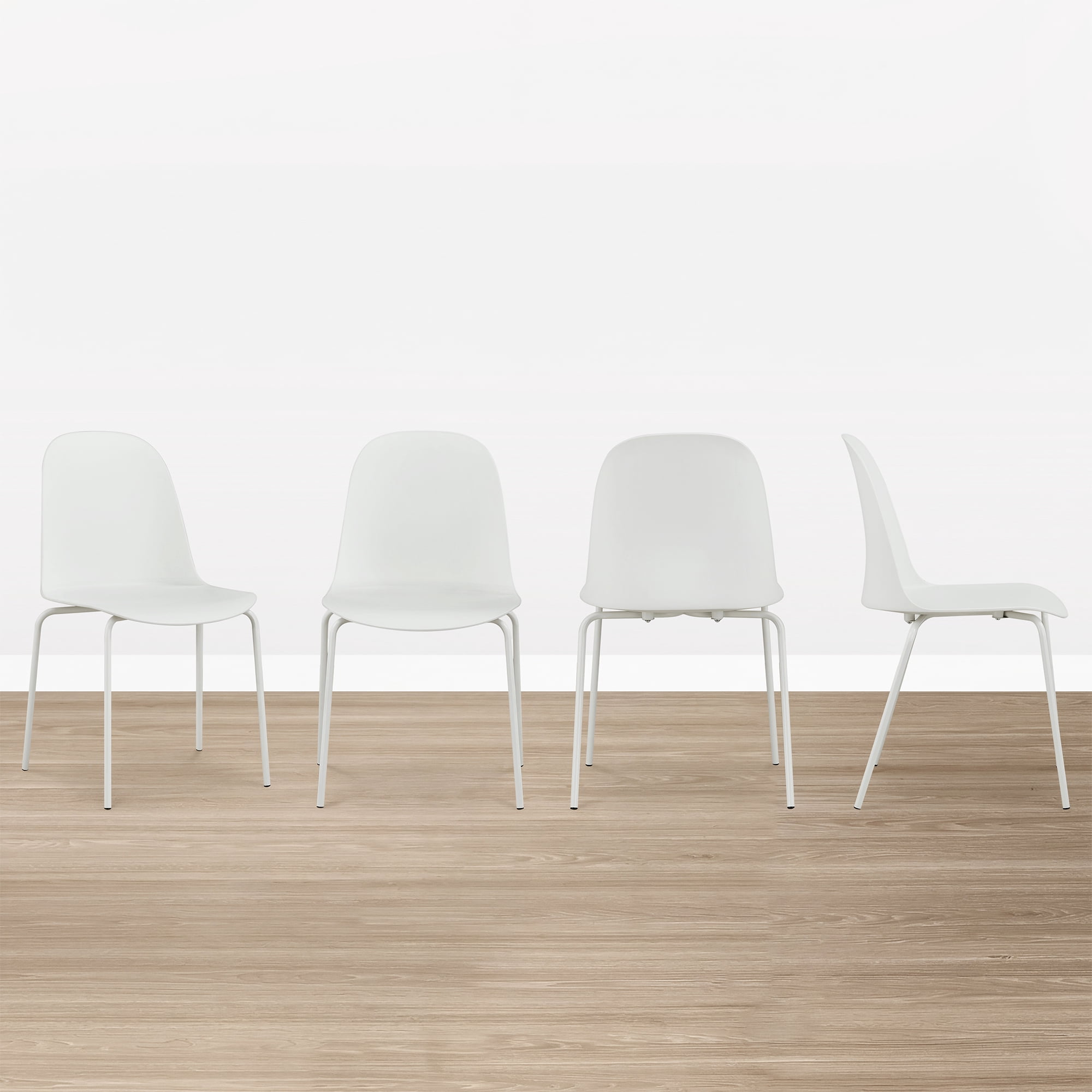 Spruce & Spring Modern Stackable Dining Chairs, Set of 4 Molded Plastic Kitchen Chairs with Metal Legs, Space-Saving Armless Design, White