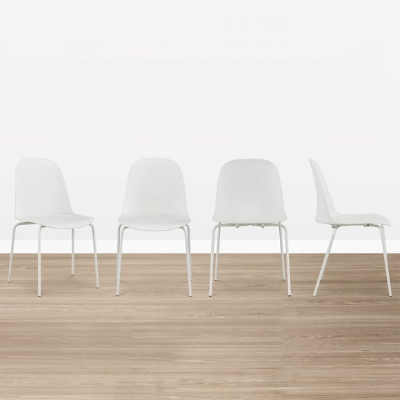 Spruce & Spring Modern Stackable Dining Chairs, Set of 4 Molded Plastic Kitchen Chairs with Metal Legs, Space-Saving Armless Design, White