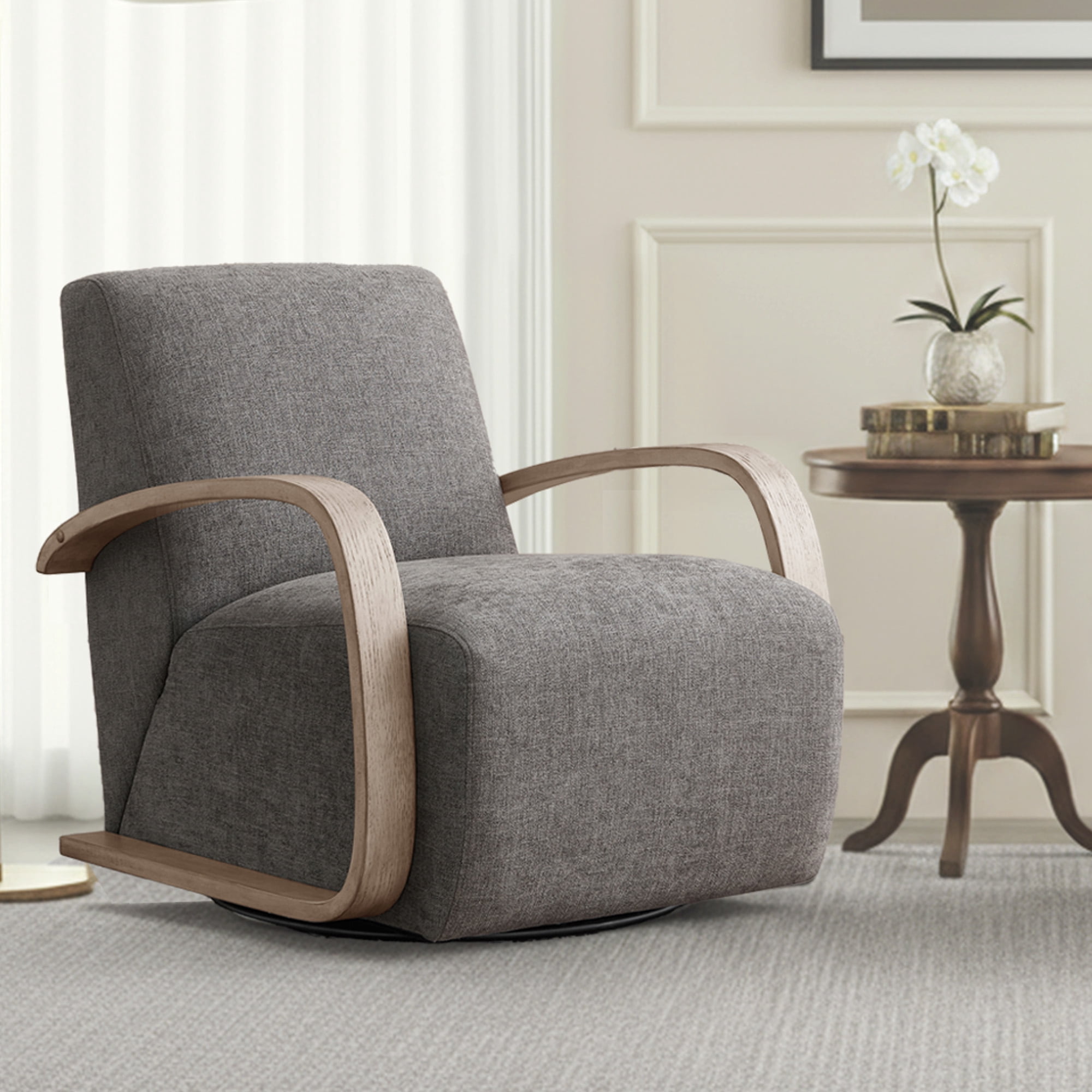 Spruce & Spring Modern Swivel Accent Chair with U-Shaped Wood Arms Single, Fossil Grey&Grey Wood