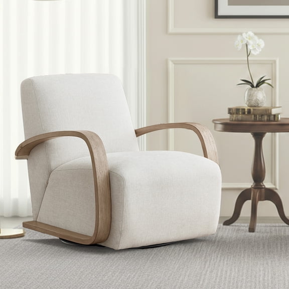 Spruce & Spring Modern Swivel Accent Chair with U-Shaped Wood Arms Single, Linen&Grey Wood
