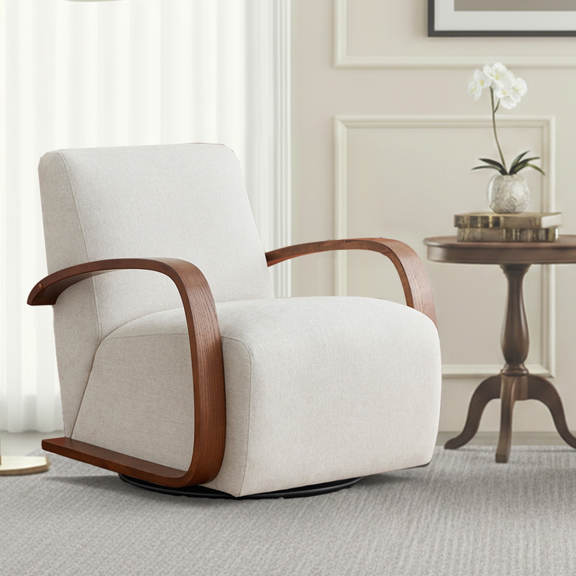 Spruce & Spring Modern Swivel Accent Chair with U-Shaped Wood Arms Single, Linen&Walnut