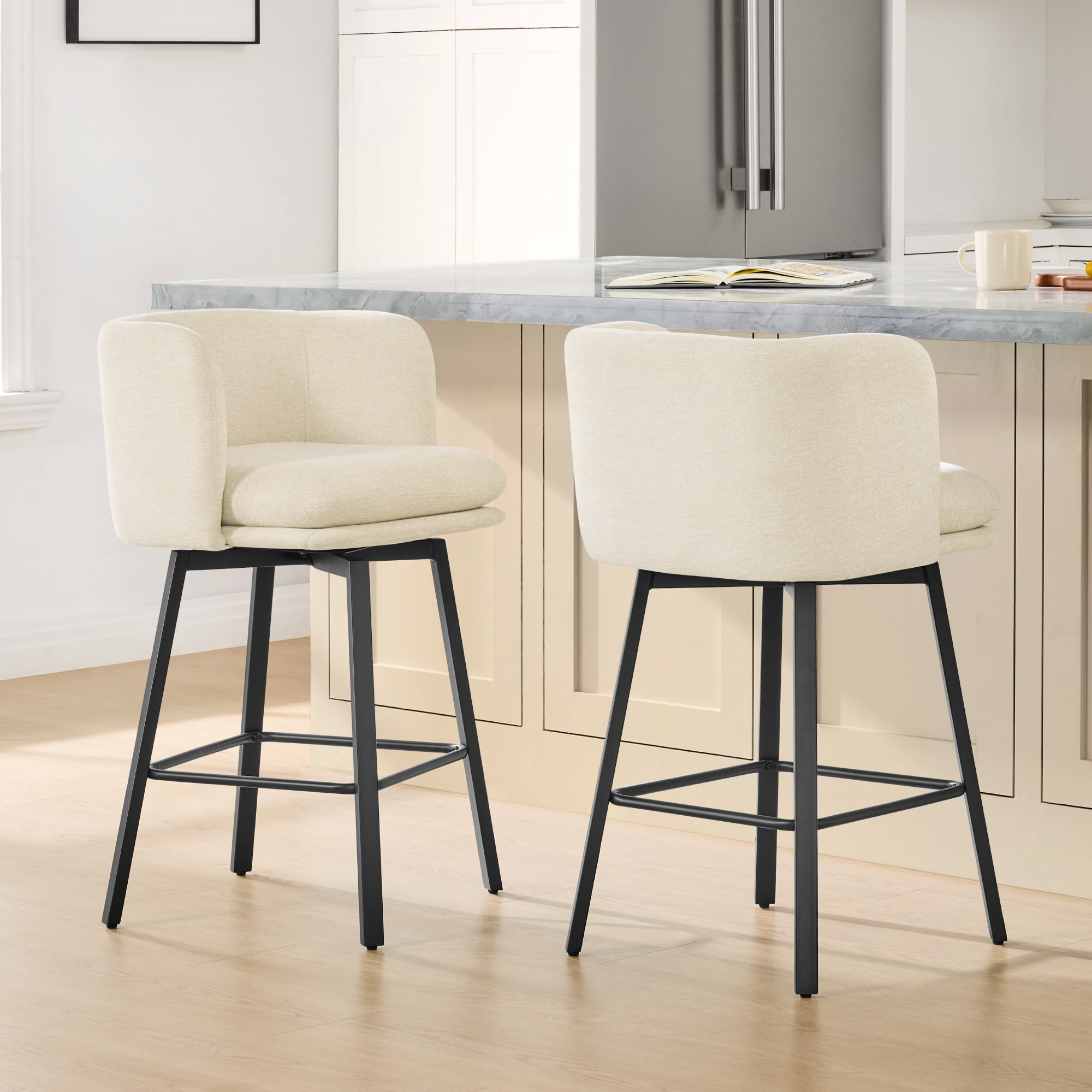 Spruce & Spring Modern Swivel Counter Stool with Barrel-Back Design and Upholstered Seat SandSet of 2, Sand
