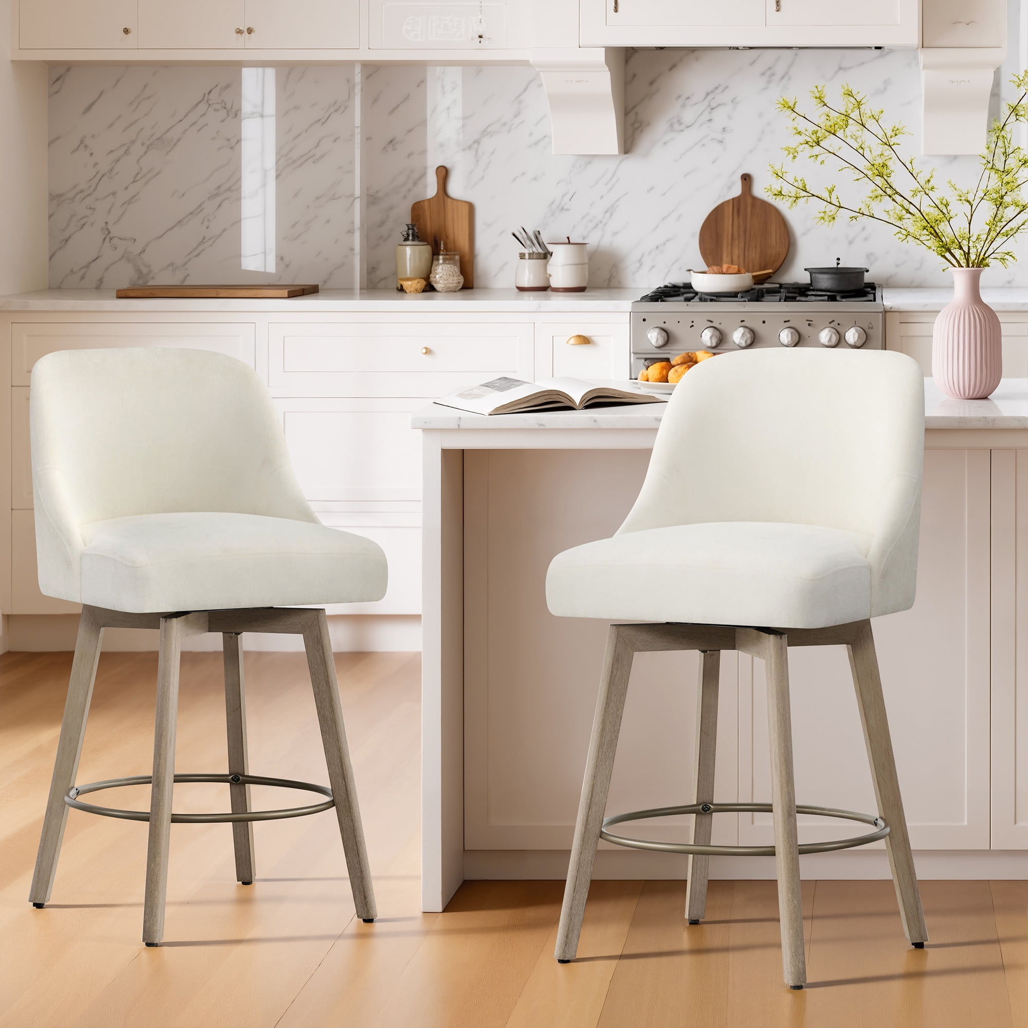 Spruce & Spring Modern Swivel Counter Stool with Upholstered Seat and Rounded Back for Kitchen or Bar Set of 2, Ivory