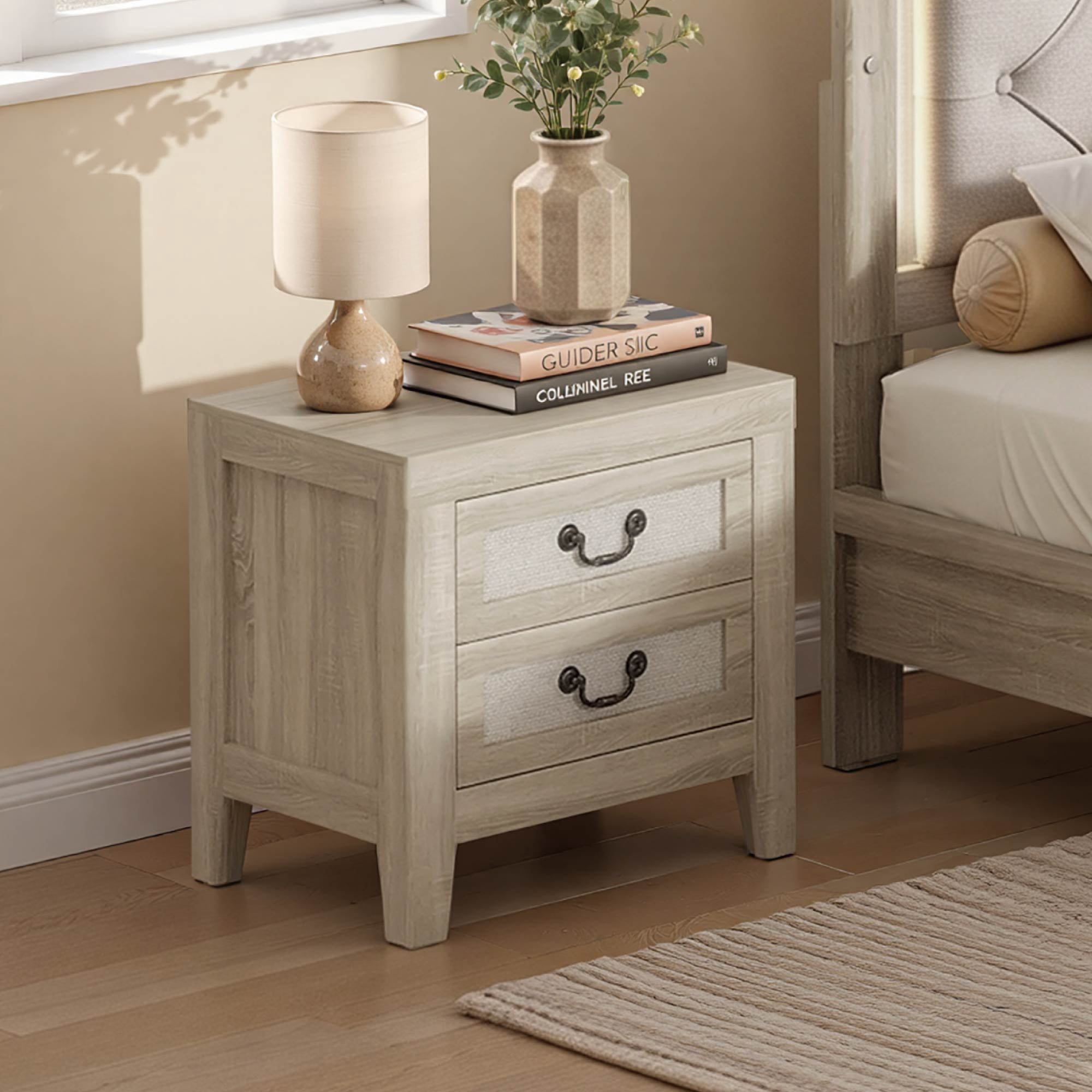 Spruce & Spring Modern Transitional Nightstand, 2-Drawer End Table with Charging Station, Fabric Drawer Front, Natural Wood Finish