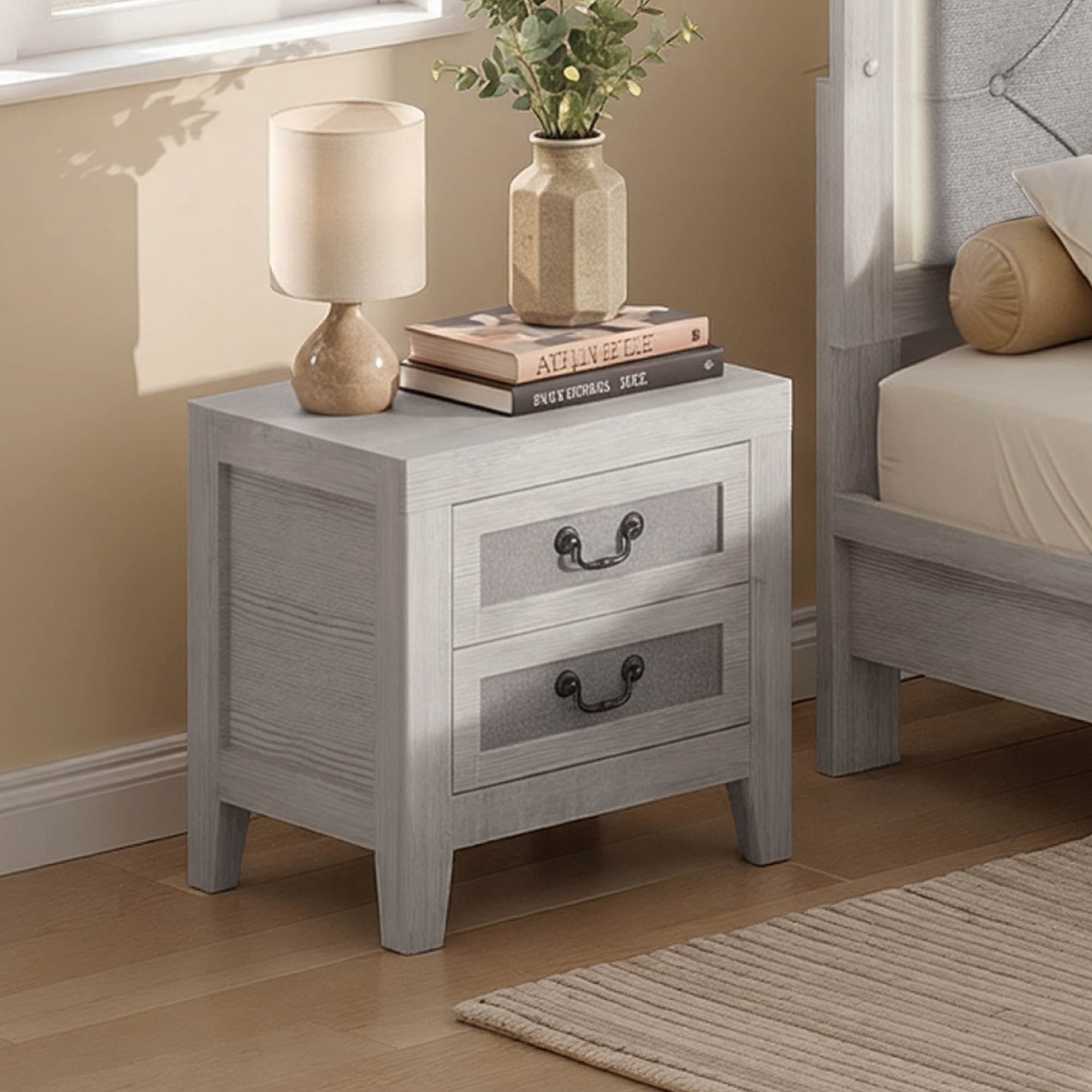 Spruce & Spring Modern Transitional Nightstand, 2-Drawer End Table with Charging Station, Fabric Drawer Front, White Oak Wood Finish