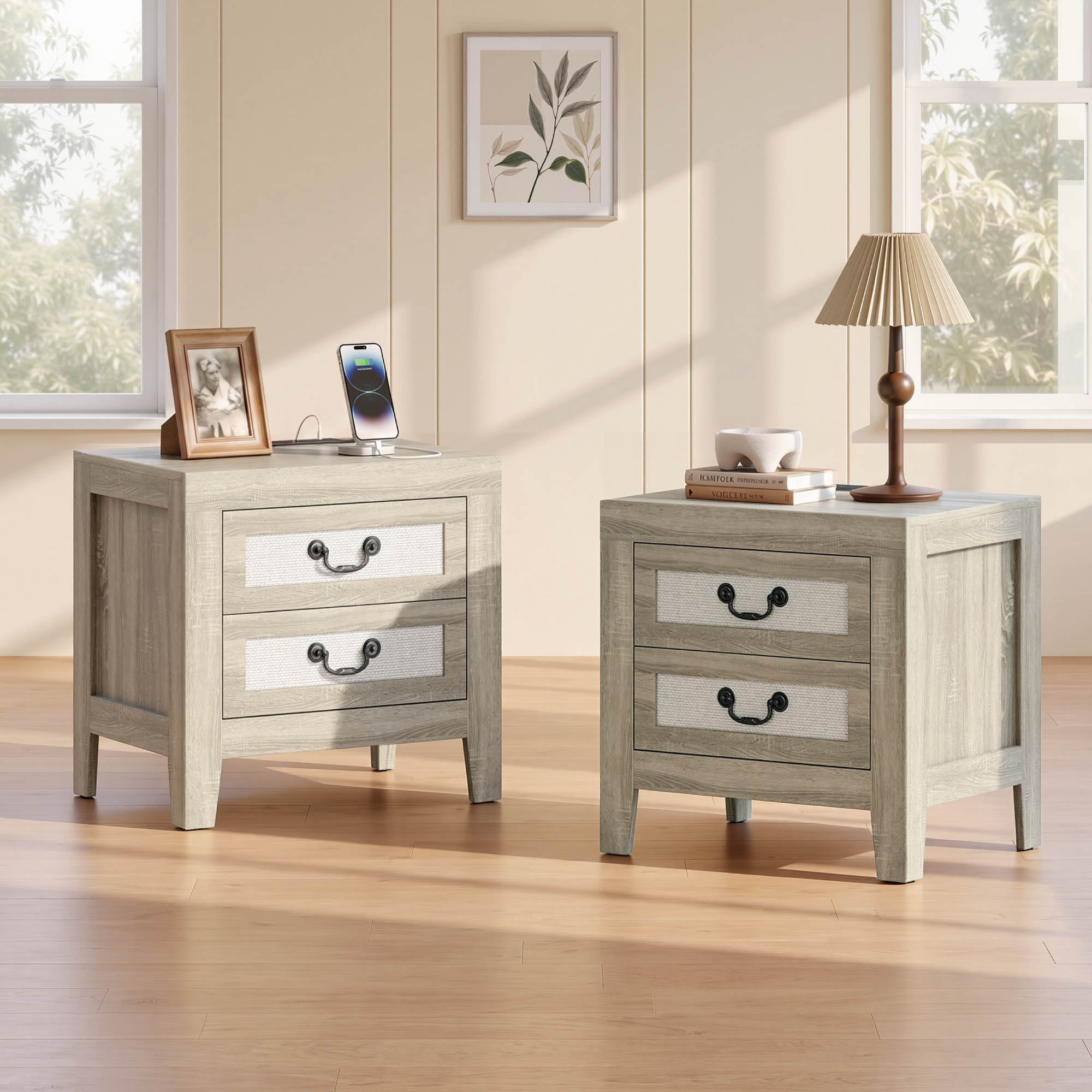 Spruce & Spring Modern Transitional Nightstands Set of 2, 2-Drawer End Tables with Charging Station, Fabric Drawer Front, Natural Wood Finish