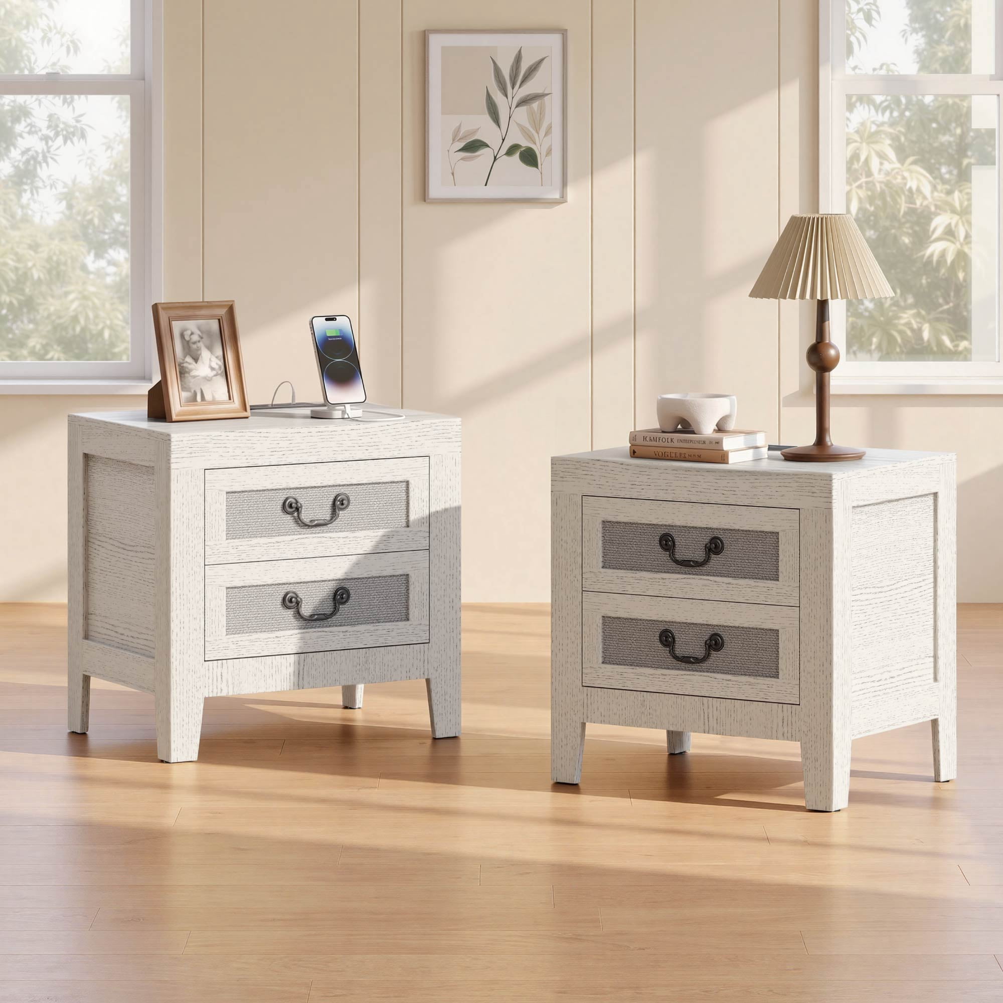 Spruce & Spring Modern Transitional Nightstands Set of 2, 2-Drawer End Tables with Charging Station, Fabric Drawer Front, White Oak Wood Finish