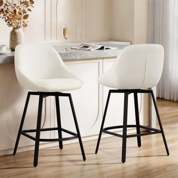 Spruce & Spring Modern Upholstered Bar Stool with Back, Metal Frame Counter Height Stool with Footrest for Kitchen Island Dining, Boucle Fabric, Set of 2, Cream