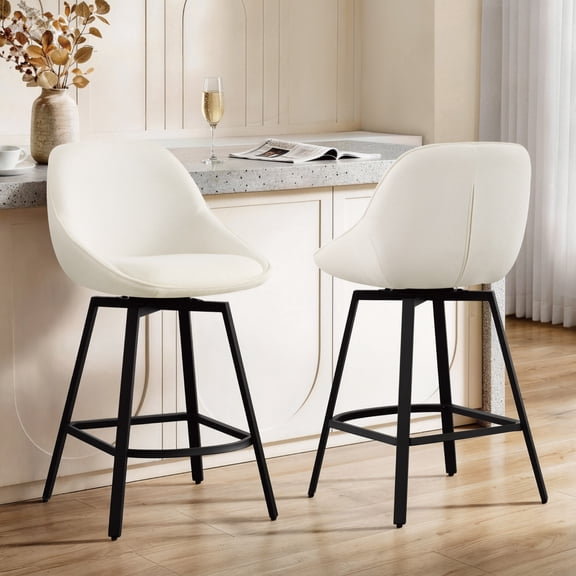Spruce & Spring 26" Swivel Bar Stools Set of 2, Upholstered Counter Height Stools with Footrest & Metal Base, for Kitchen Island & Home Bar, Cream Fabric