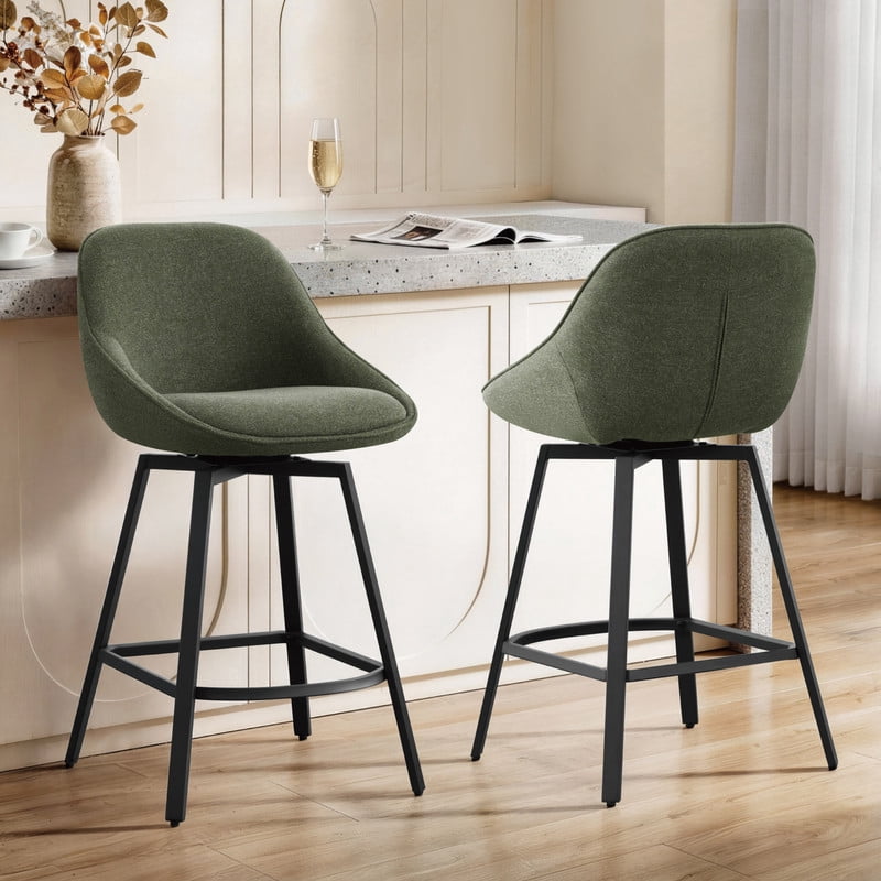 Spruce & Spring Modern Upholstered Bar Stool with Back, Metal Frame Counter Height Stool with Footrest for Kitchen Island Dining, Boucle Fabric, Set of 2, Green