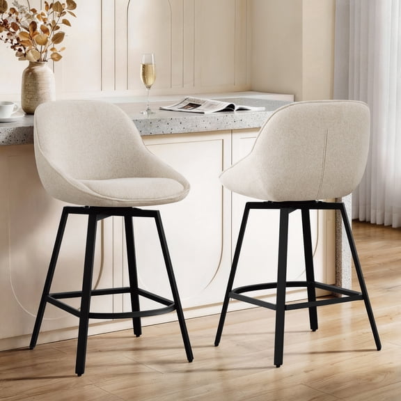 Spruce & Spring 26" Swivel Bar Stools Set of 2, Upholstered Counter Height Stools with Footrest & Metal Base, for Kitchen Island & Home Bar, Sand Fabric