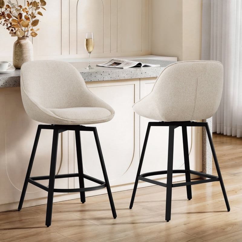 Spruce & Spring Modern Upholstered Bar Stool with Back, Metal Frame Counter Height Stool with Footrest for Kitchen Island Dining, Boucle Fabric, Set of 2, Sand