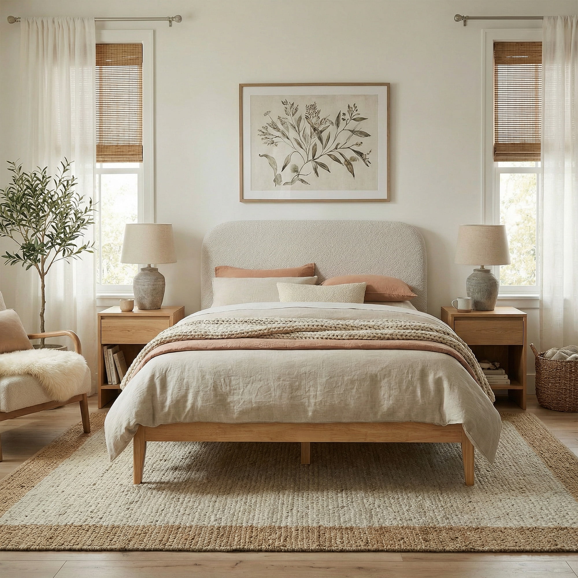 Spruce & Spring Modern King Bed Frame with Bouclé Headboard and Charging Ports, Oatmeal