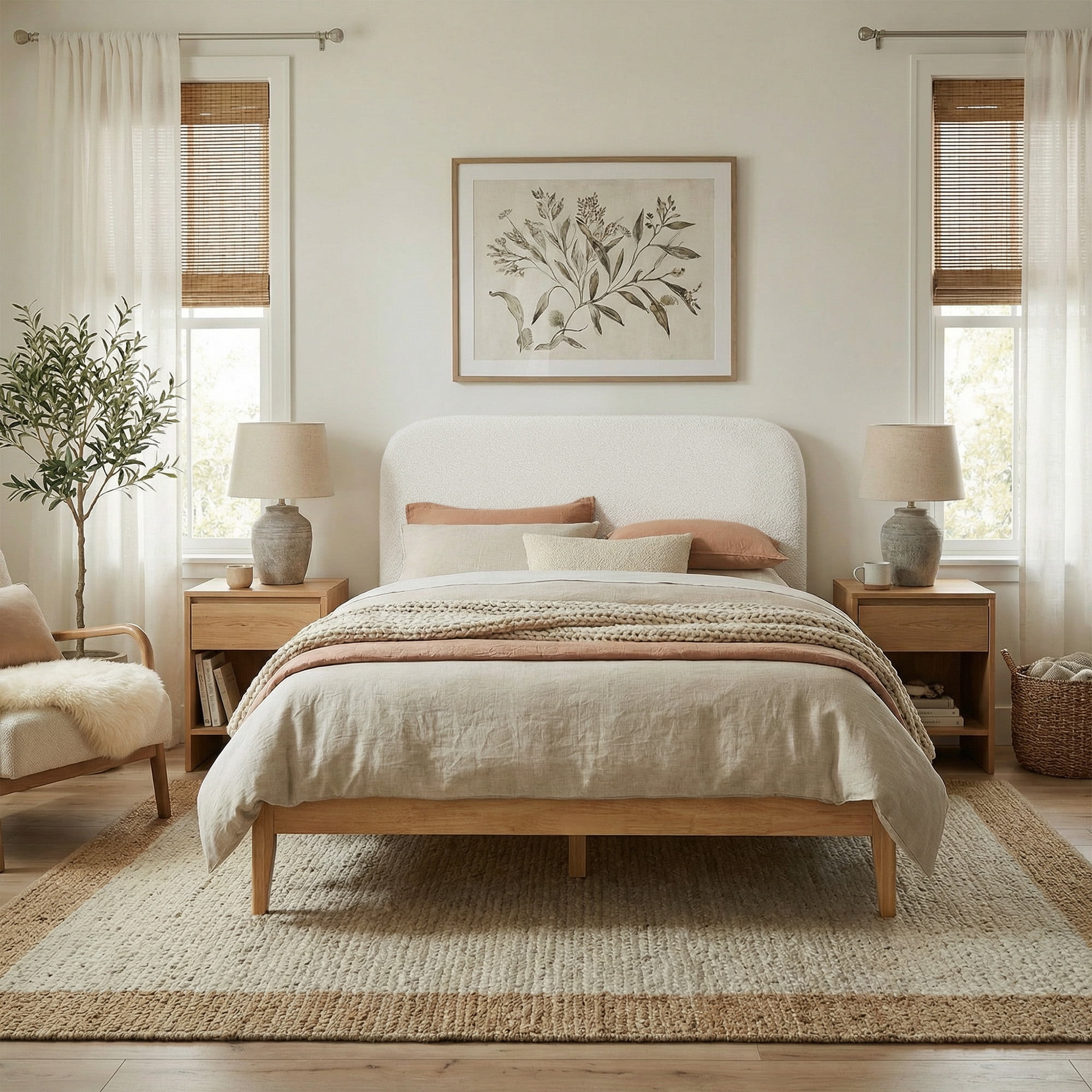 Spruce & Spring Modern Upholstered Bed Frame with Bouclé Headboard, USB & Type-C Charging Ports, Queen