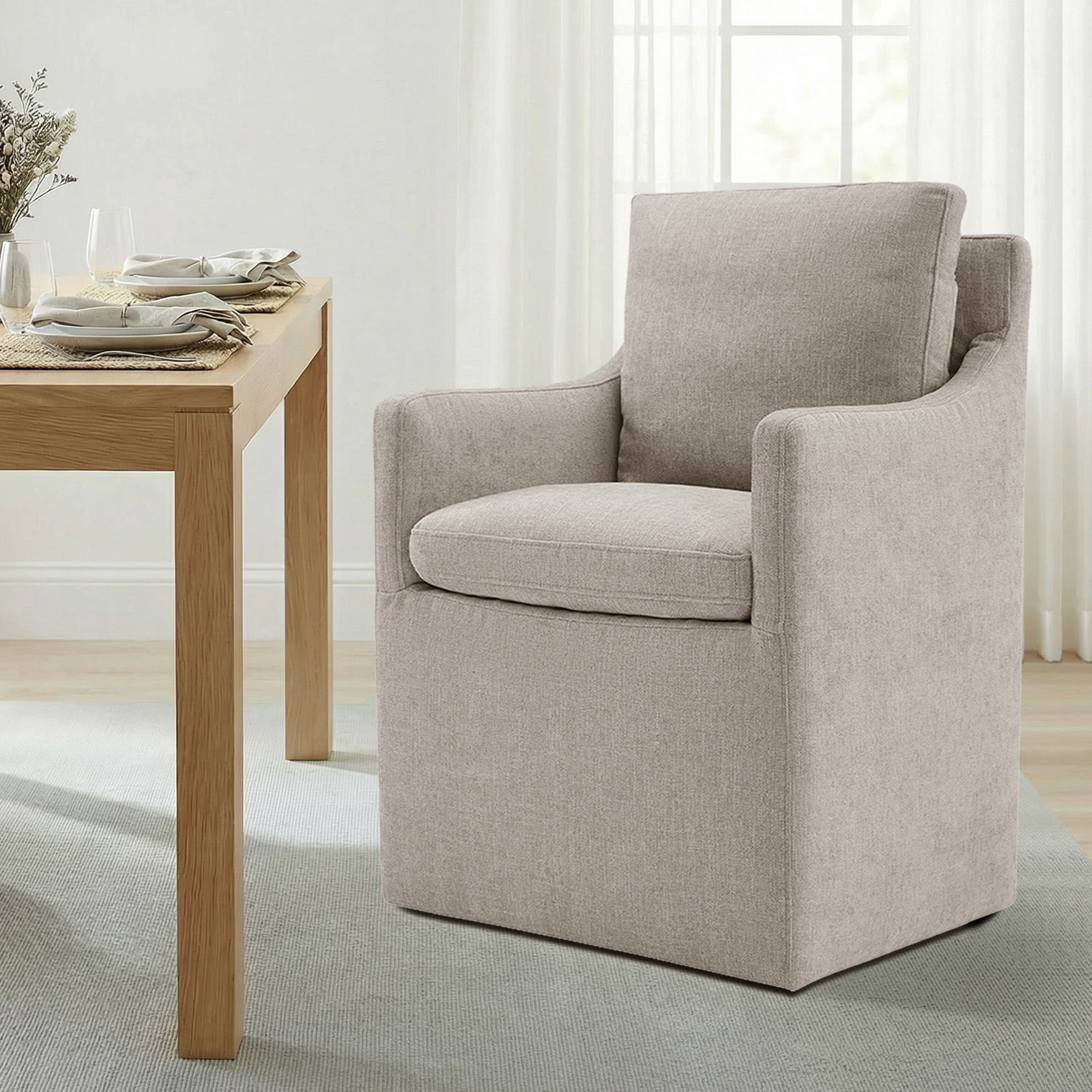 Spruce & Spring Modern Upholstered Dining Chair with Hidden Casters, for Kitchen & Dining Room, No Assembly, Single, Khaki Fabric