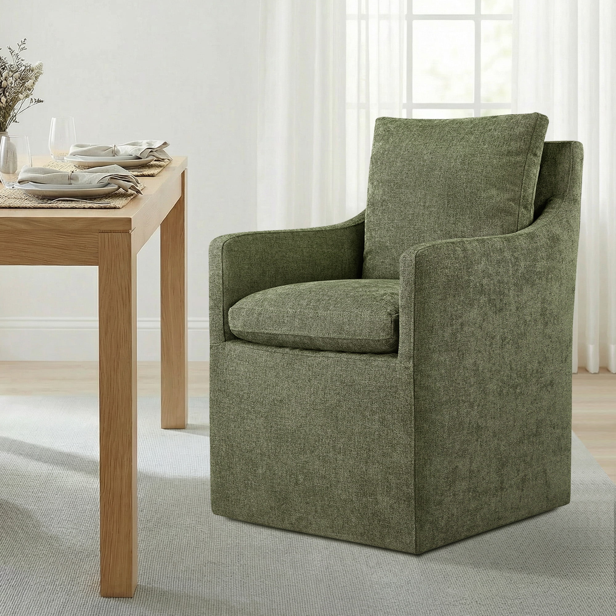 Spruce & Spring Upholstered Dining Arm Chair with Casters, Green Fabric