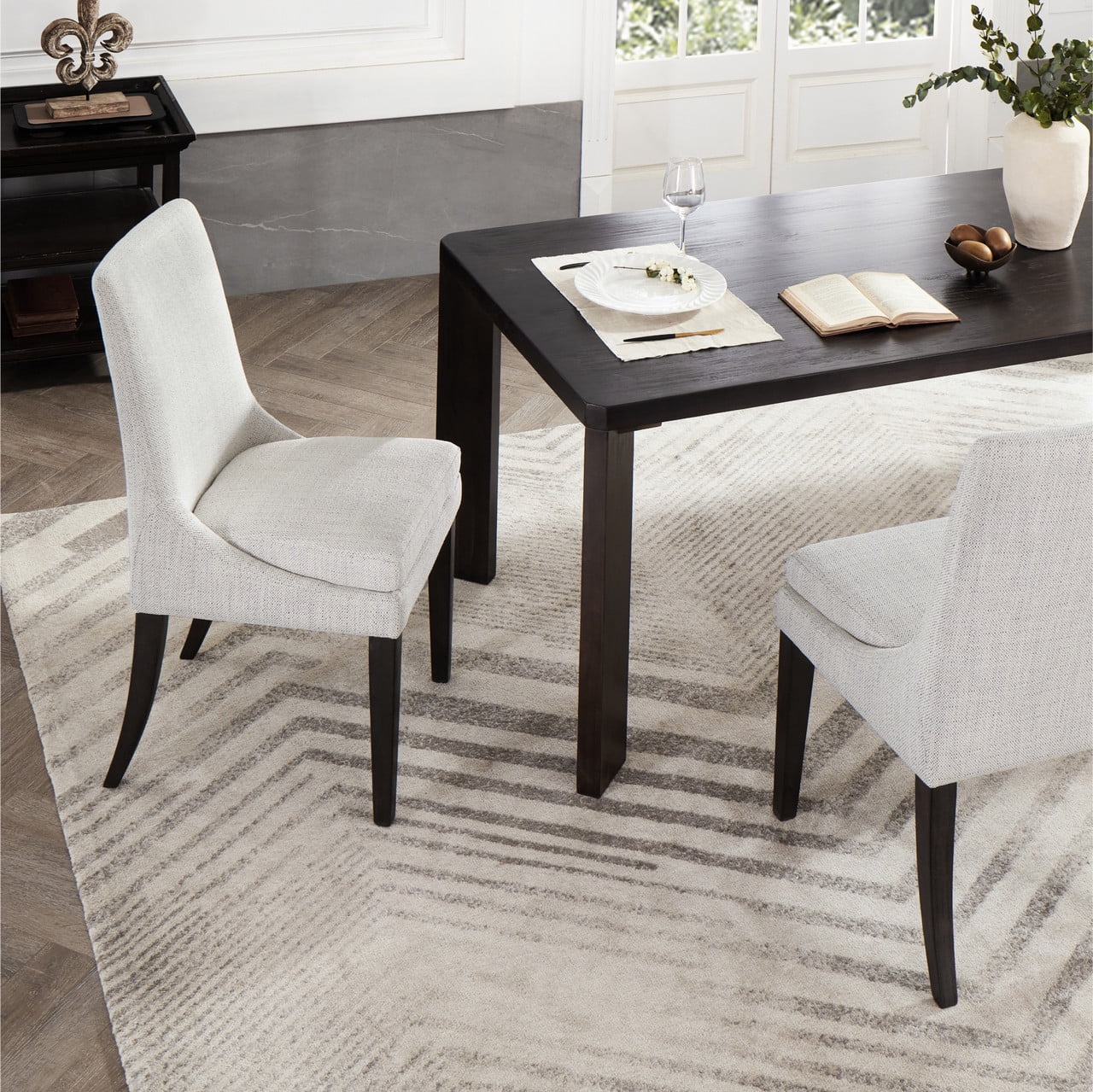 Spruce & Spring Modern Upholstered Dining Chair Set of 2 with Curved Backrest and Solid Wood Legs, Comfortable Padded Fabric Seat for Dining Room Kitchen Living Room, Ivory