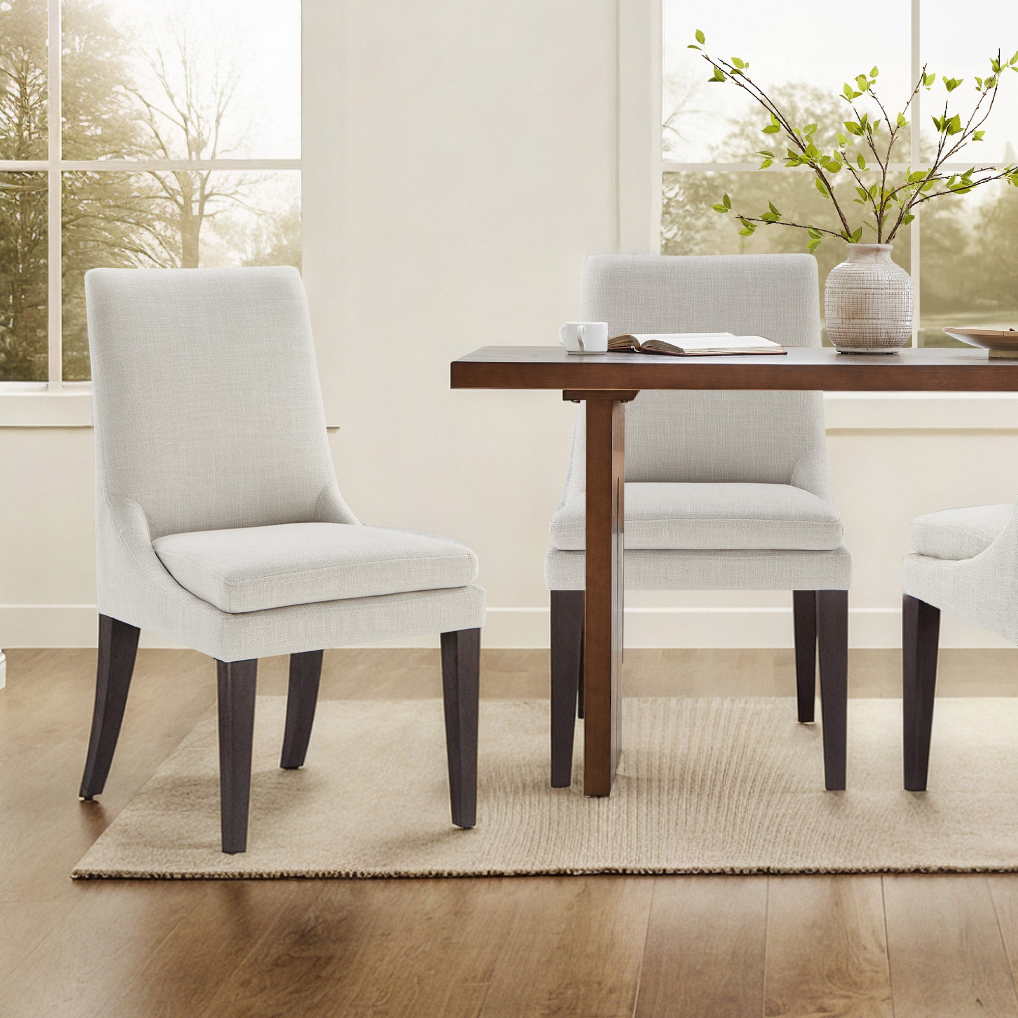 Spruce & Spring Modern Upholstered Dining Chair Set of 2 with Curved Backrest and Solid Wood Legs, Comfortable Padded Fabric Seat for Dining Room Kitchen Living Room, Linen