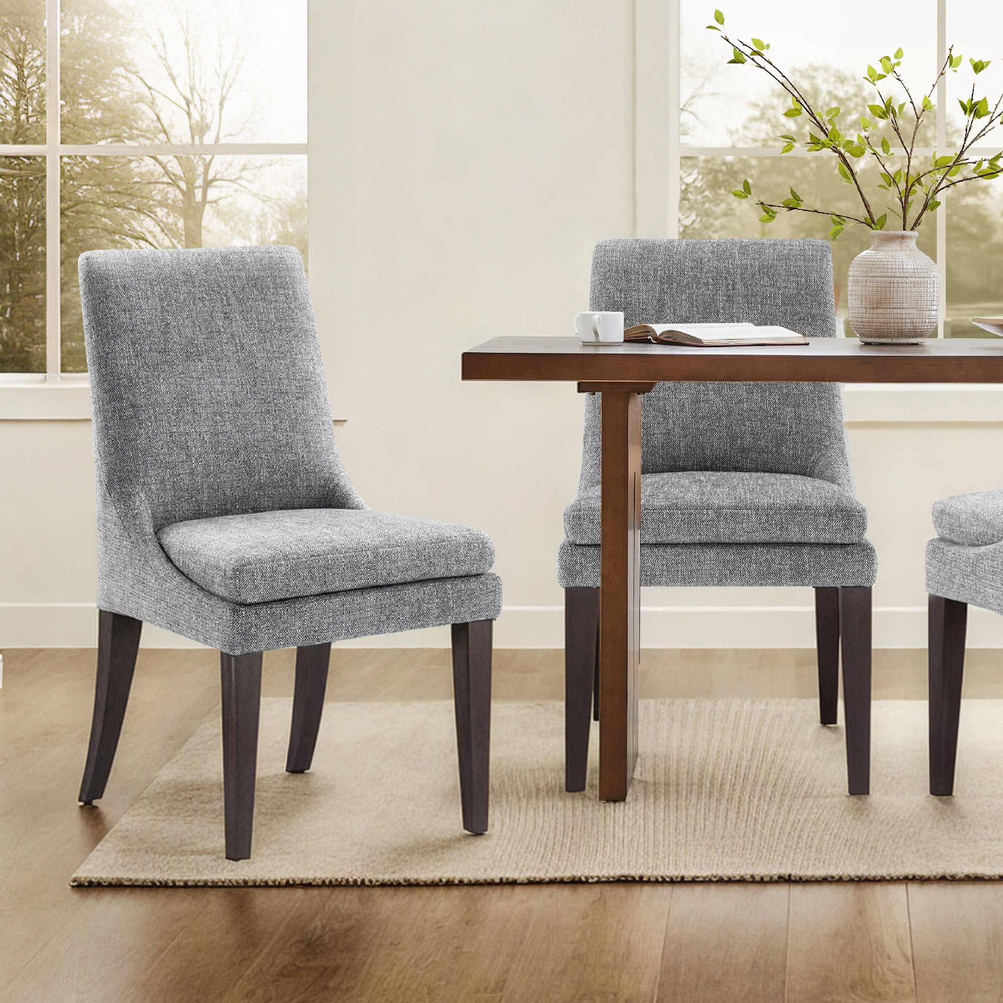 Spruce & Spring Modern Upholstered Dining Chair Set of 2 with Curved Backrest and Solid Wood Legs, Comfortable Padded Fabric Seat for Dining Room Kitchen Living Room, Pebble Grey
