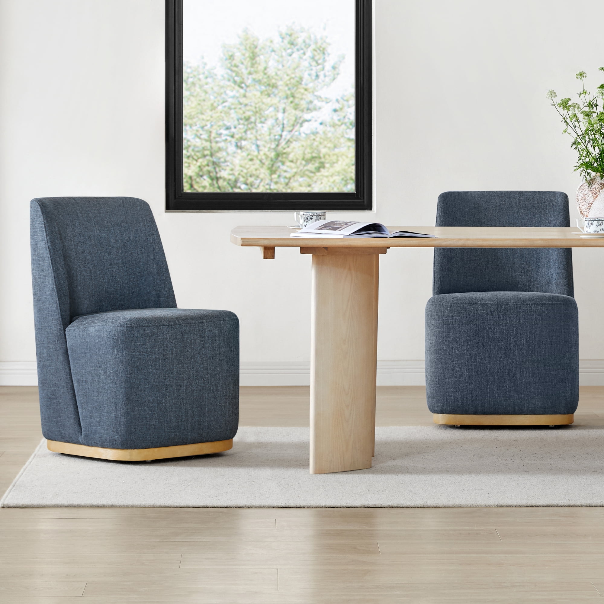 Spruce & Spring Modern Upholstered Dining Chair with Hidden Casters & Wood Base Set of 2, Blue