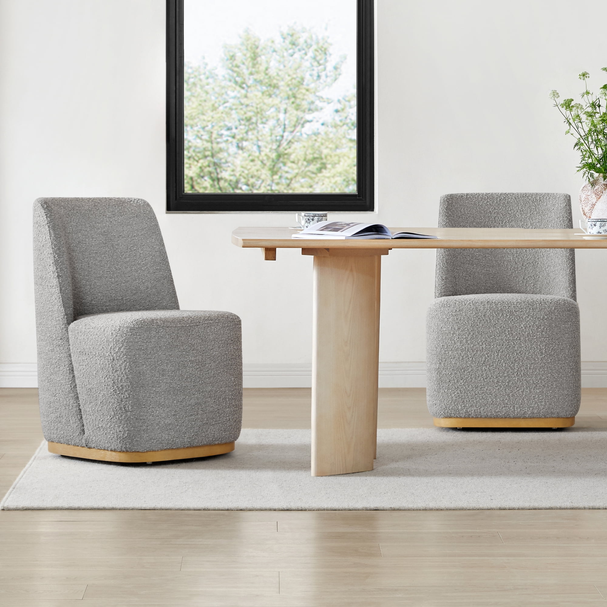 Spruce & Spring Modern Upholstered Dining Chair with Hidden Casters & Wood Base Set of 2, Grey