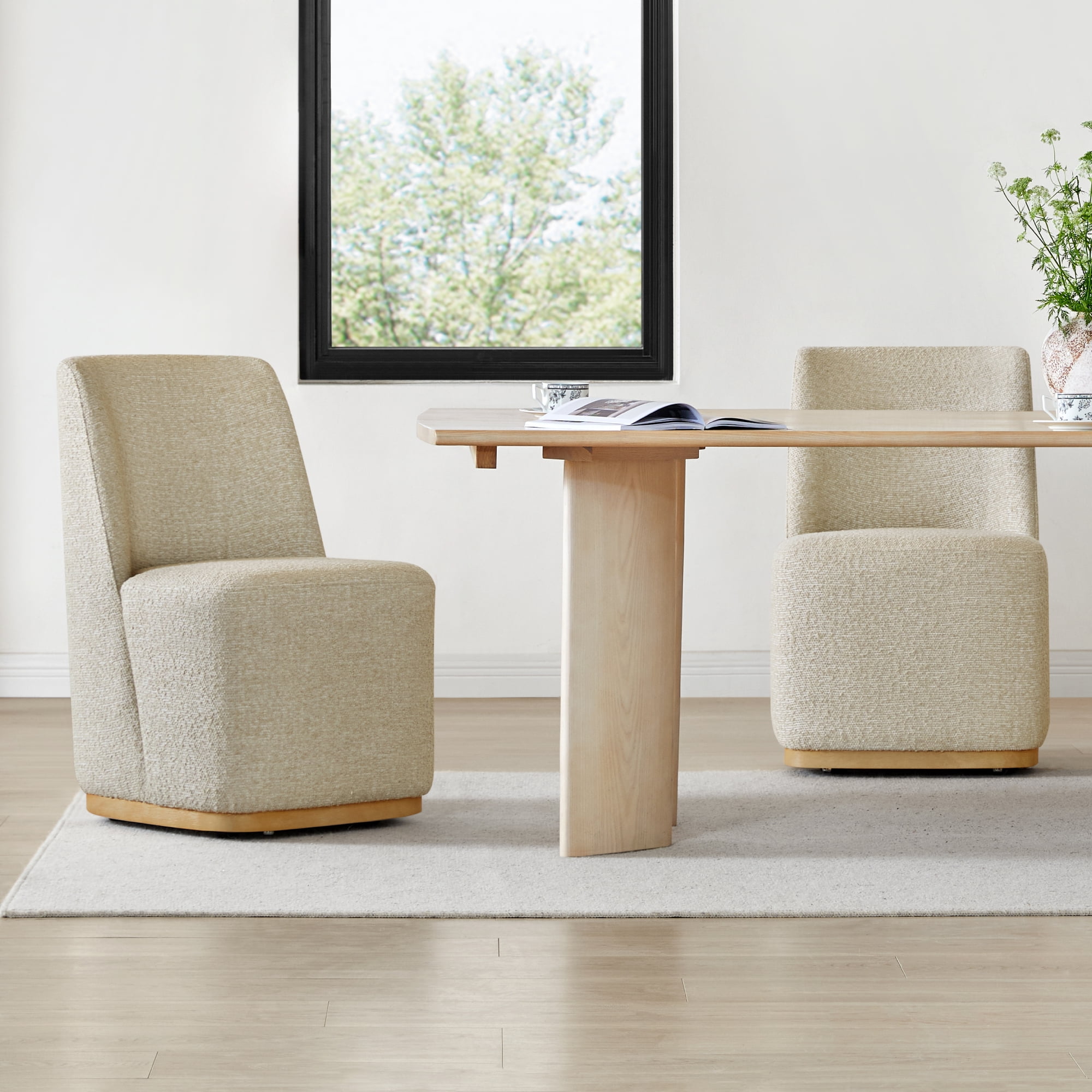 Spruce & Spring Modern Upholstered Dining Chair with Hidden Casters & Wood Base Set of 2, Oatmeal