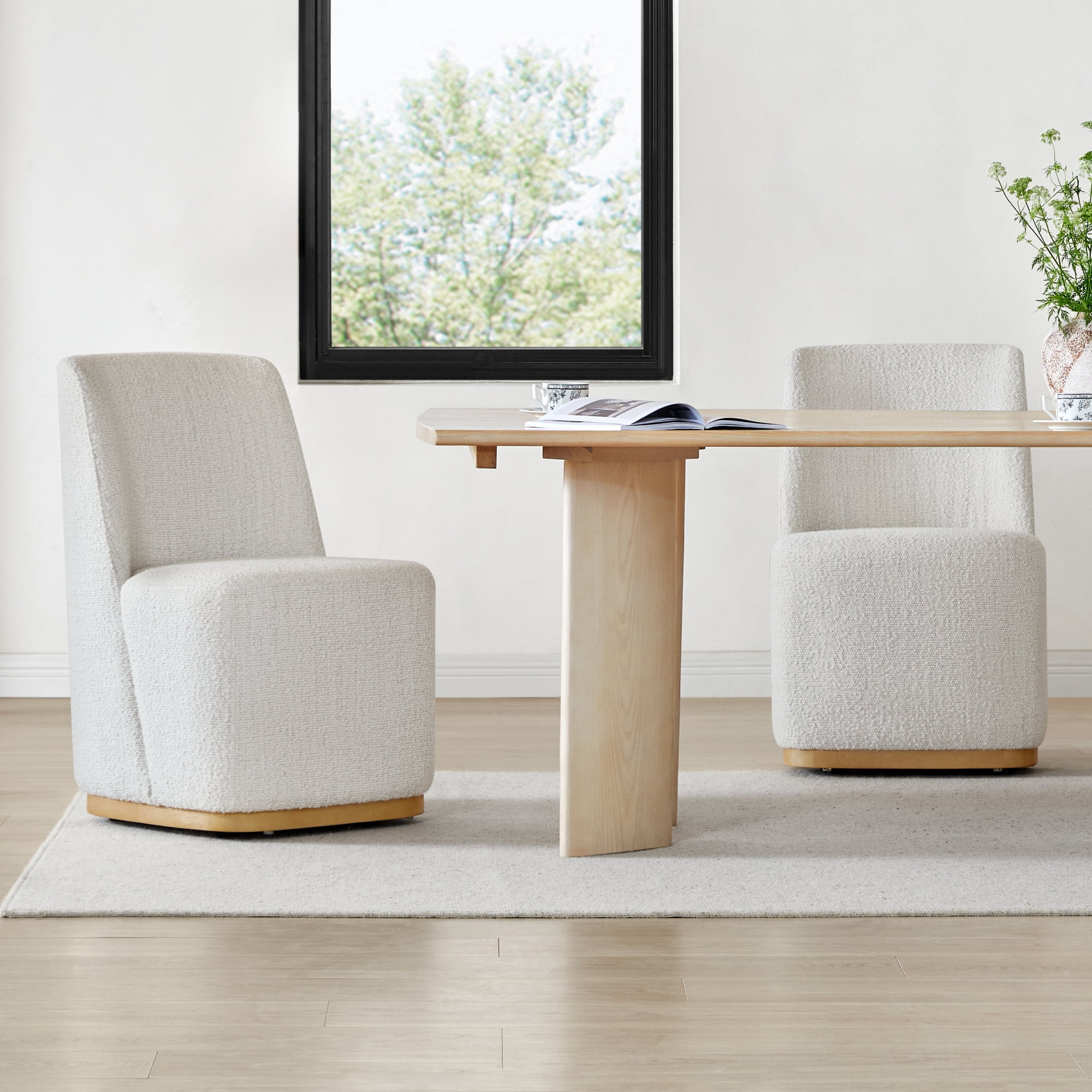 Spruce & Spring Modern Upholstered Dining Chair with Hidden Casters & Wood Base Set of 2, Pearl White