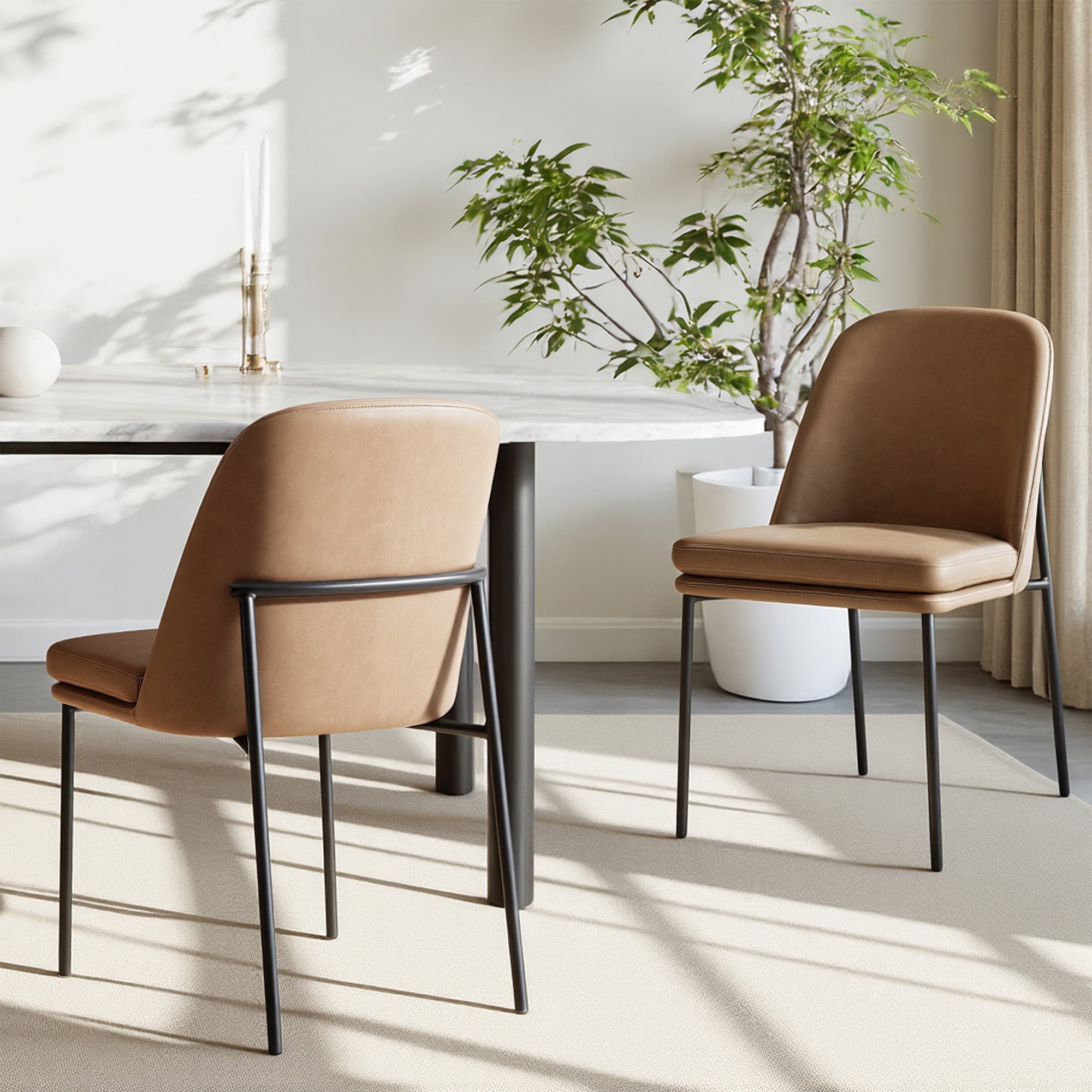 Spruce & Spring Modern Upholstered Dining Chair with Metal Legs Set of 2, Faux Leather in Saddle Brown