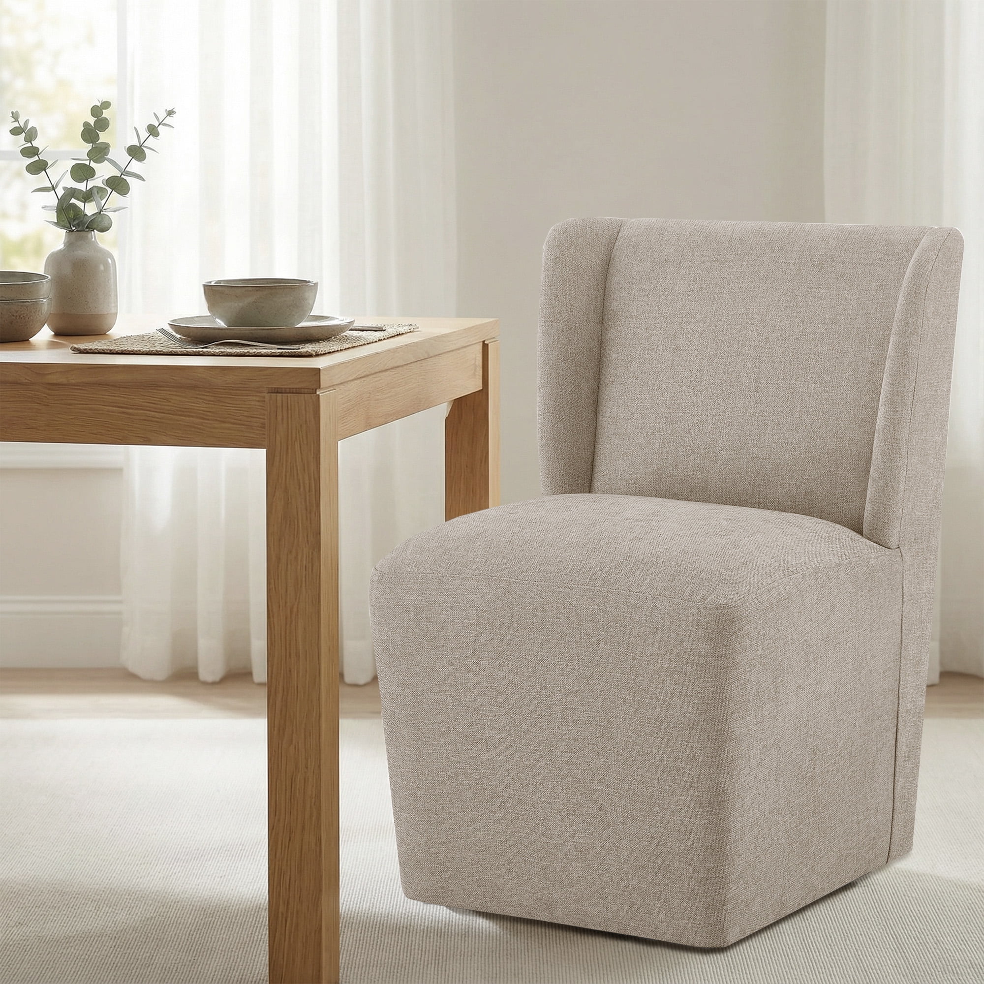 Spruce & Spring Modern Upholstered Dining Chair with Wingback and Hidden Casters, Single, Fabric in Khaki