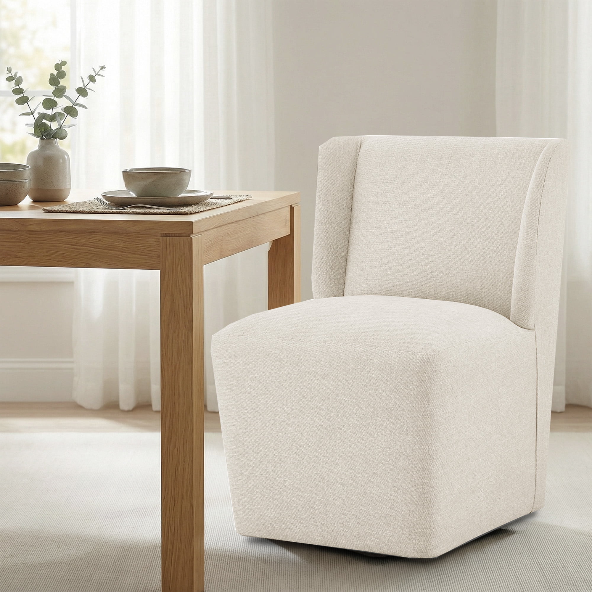 Spruce & Spring Modern Upholstered Dining Chair with Wingback and Hidden Casters, Single, Fabric in Linen