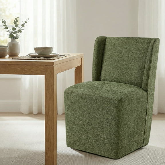 Spruce & Spring Modern Upholstered Dining Chair with Wingback and Hidden Casters, Single, Fabric in Moss Green