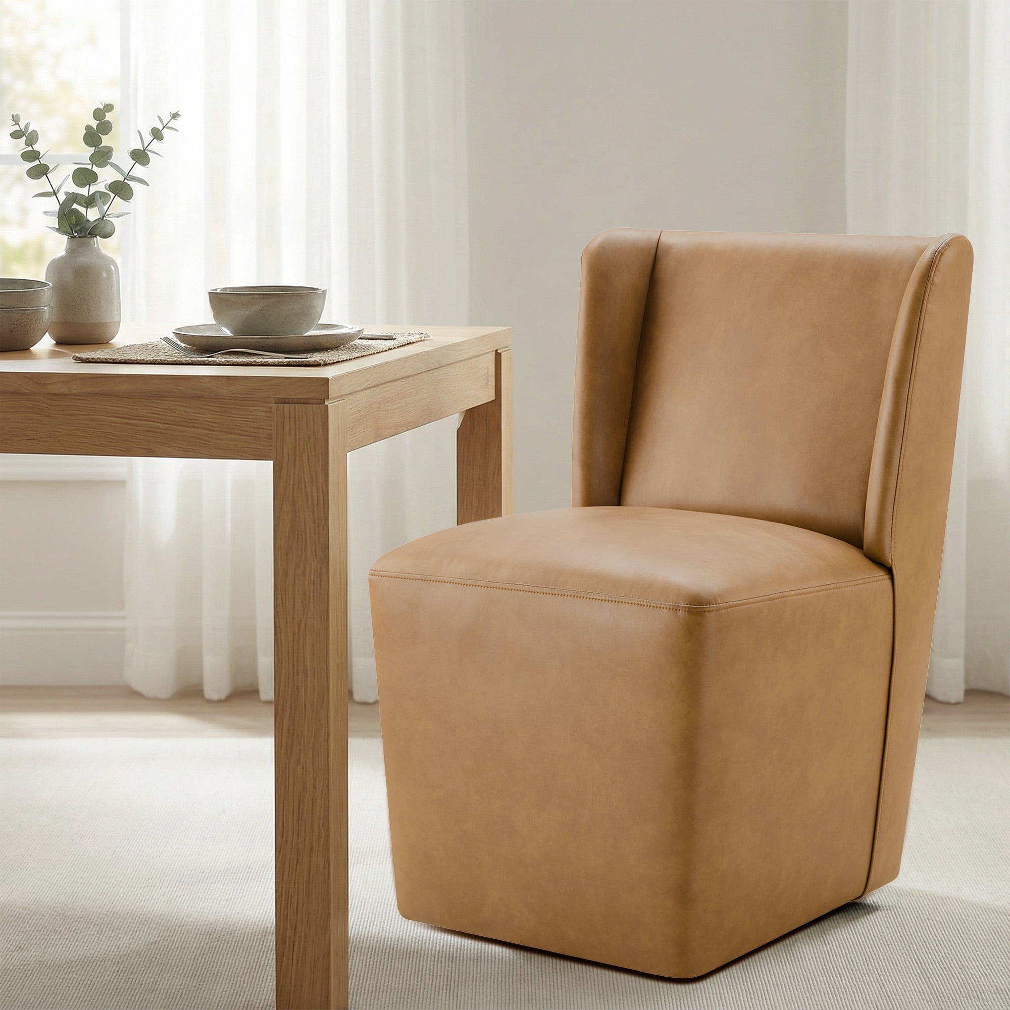 Spruce & Spring Modern Upholstered Dining Chair with Wingback and Hidden Casters, Single, Faux Leather in Cognac
