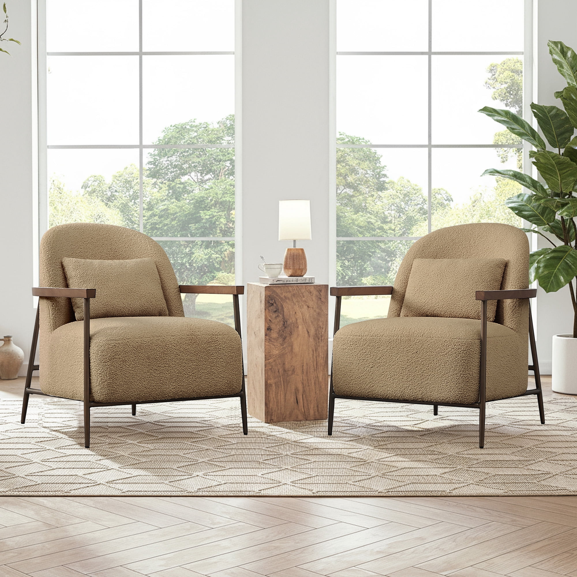 Spruce & Spring Modern Upholstered Faux Sherpa Accent Chair with Wood Arms and Metal Legs, Set of 2, Camel