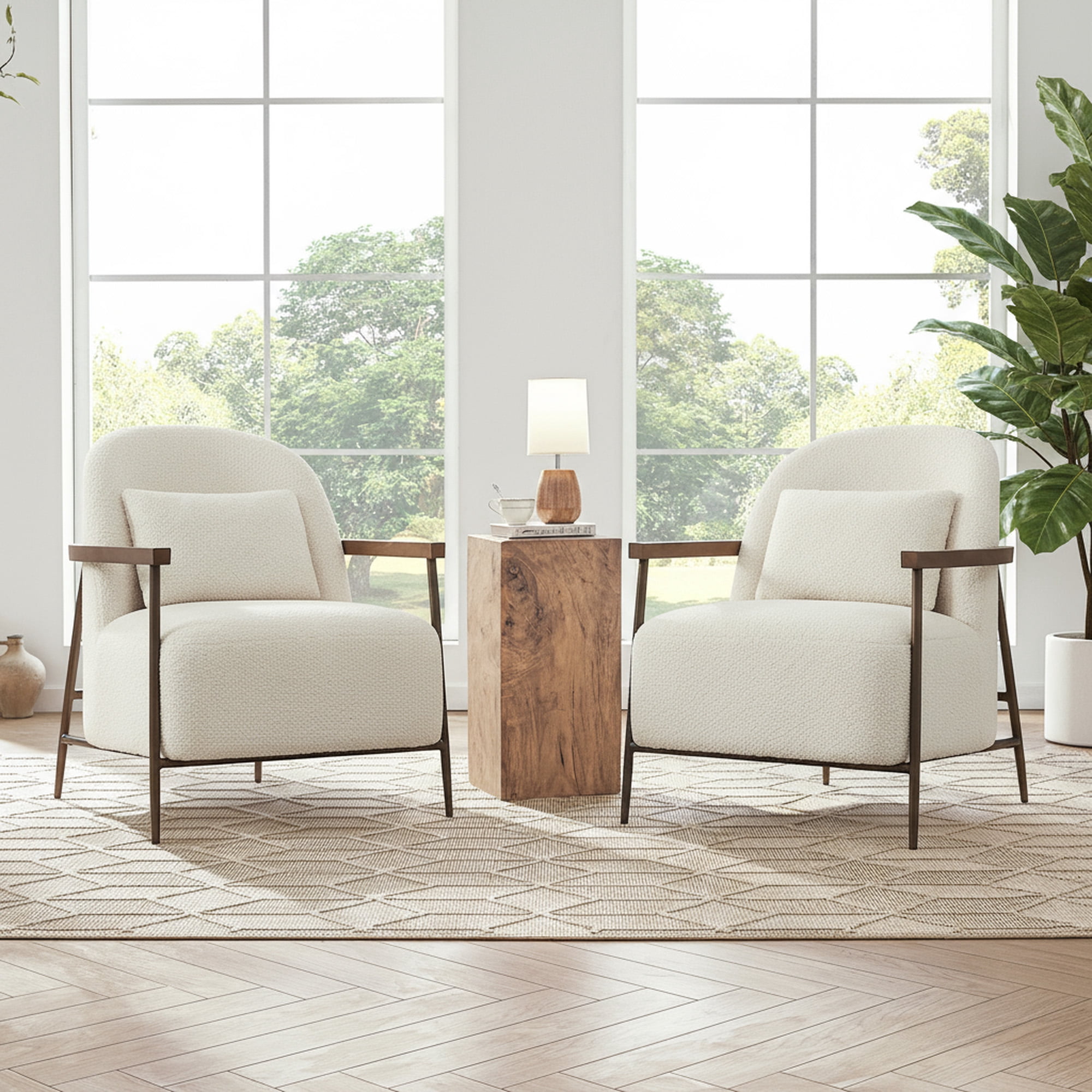 Spruce & Spring Modern Upholstered Faux Sherpa Accent Chair with Wood Arms and Metal Legs, Set of 2, Ivory