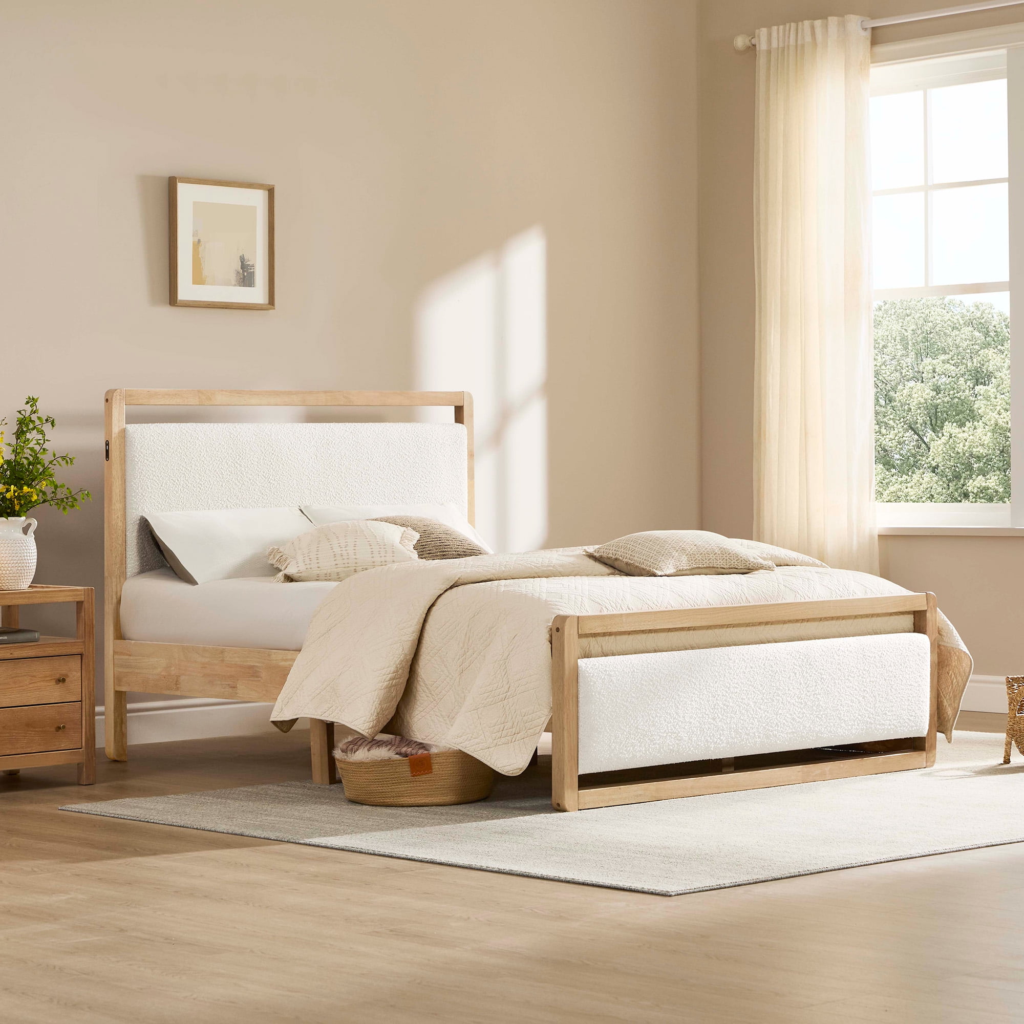 Spruce & Spring Modern Upholstered Platform Bed Frame with USB and Type-C Charging Beige, Queen
