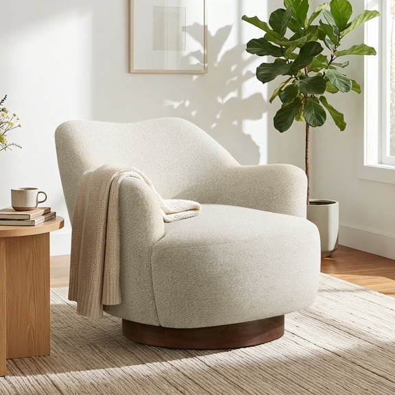 Spruce & Spring Modern Upholstered Swivel Accent Chair with Wood Base Beige, Single