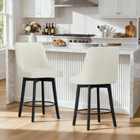 Spruce & Spring Modern Upholstered Swivel Bar Stool with Wide Seat for Kitchen Island or Dining Space Set of 2, Ivory