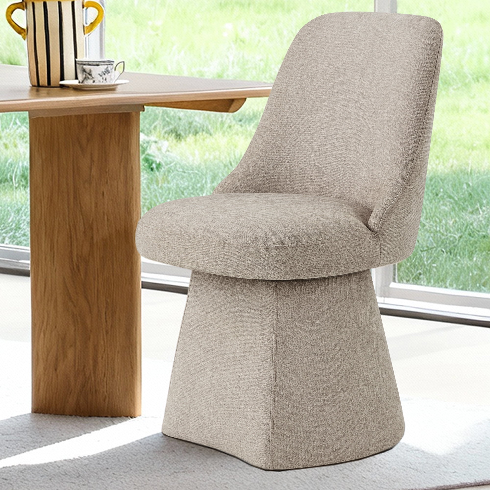 Spruce & Spring Modern Upholstered Swivel Dining Chair with High Back and Conical Base, Single, Khaki Fabric