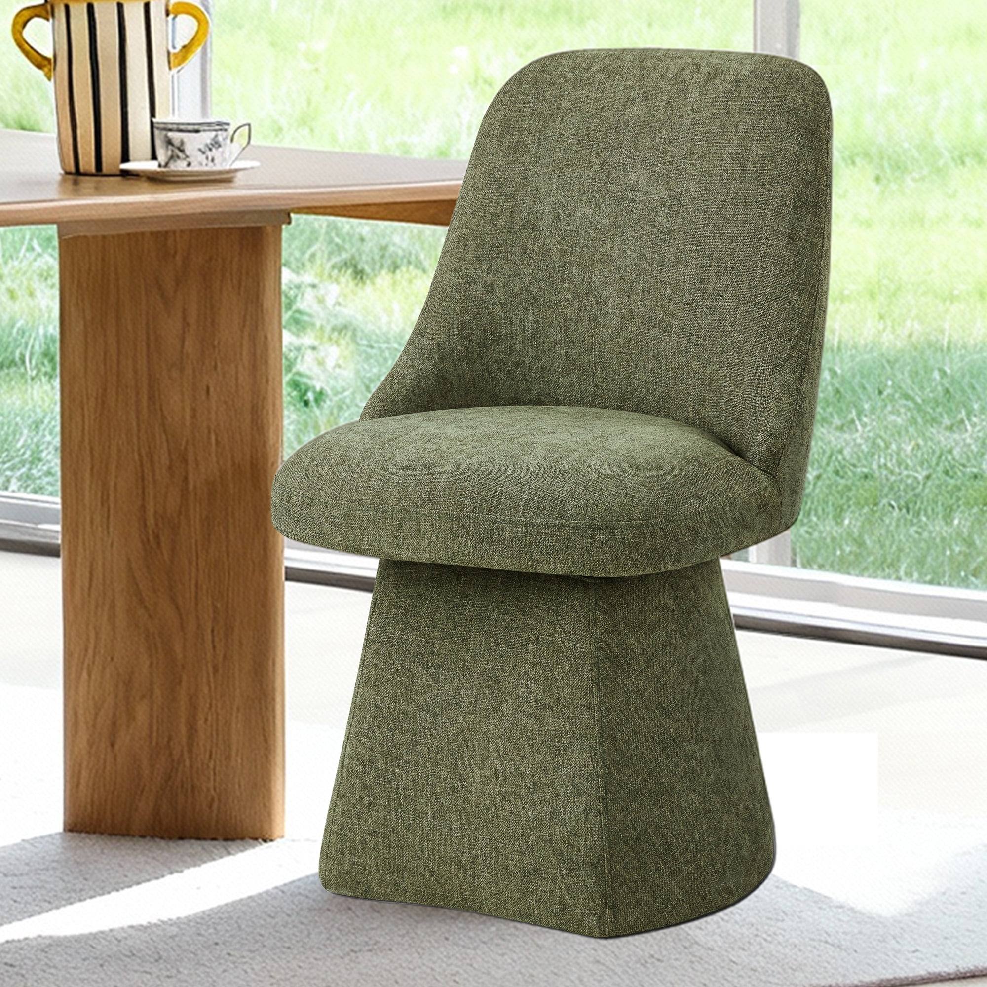 Spruce & Spring Modern Upholstered Swivel Dining Chair with High Back and Conical Base, Single, Moss Green Fabric