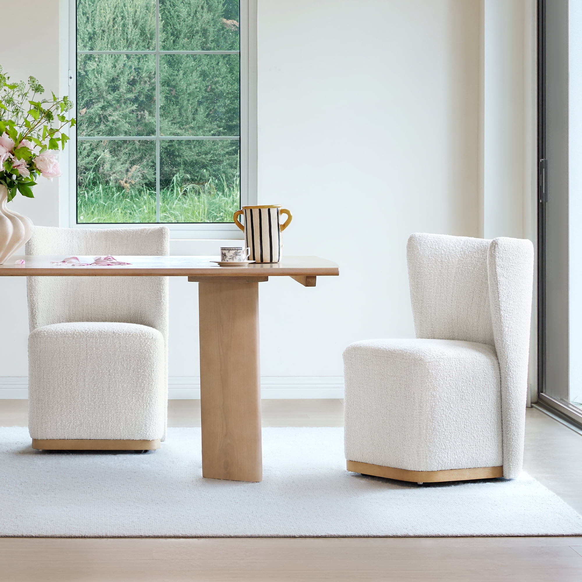 Spruce & Spring Modern Wingback Upholstered Dining Chair with Hidden Casters & Wood Base Set of 2, Pearl White