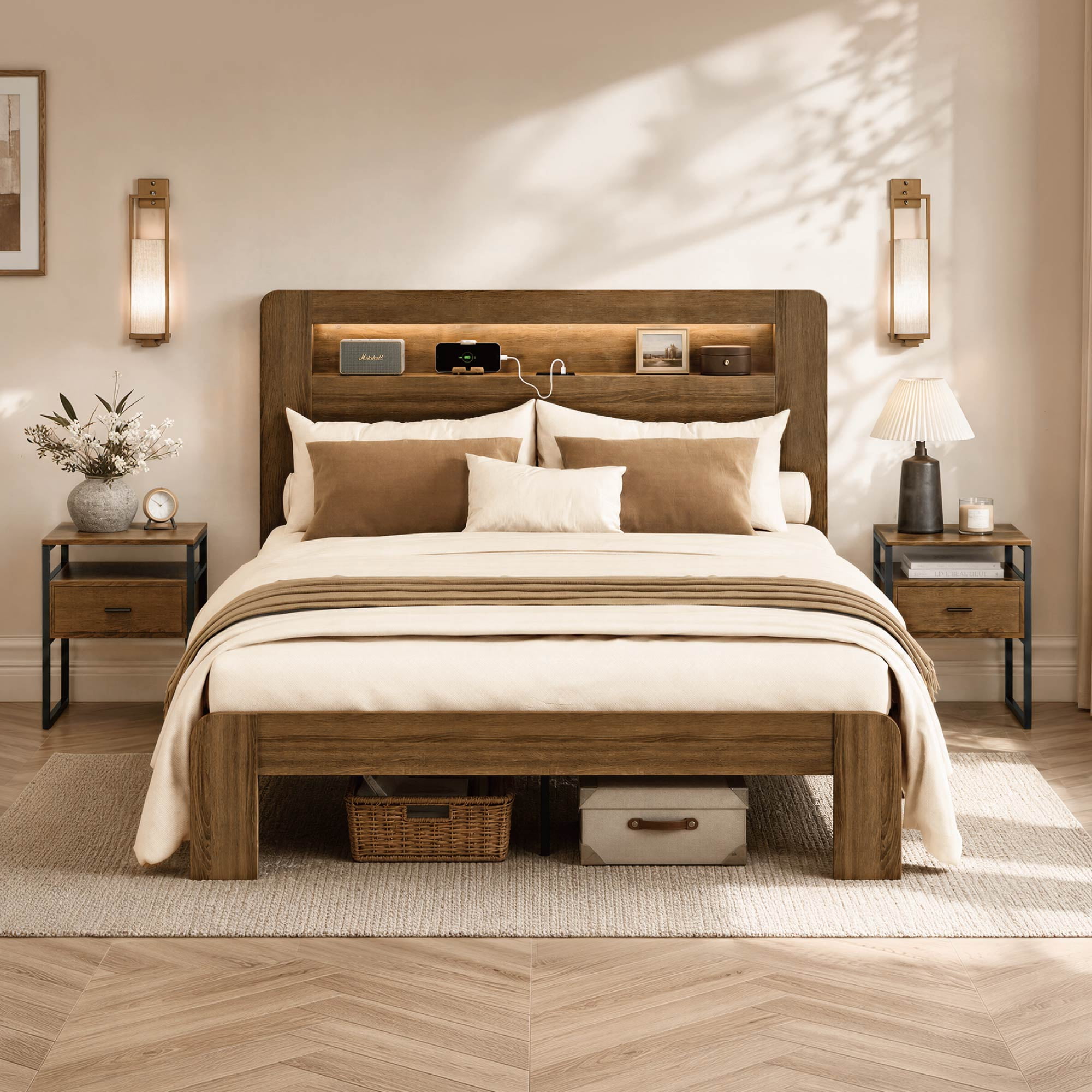 Spruce & Spring Modern Wood King Bed Frame with LED Lights, Storage Headboard & Charging Station, Noise-Free, No Box Spring Required, Easy Assembly, Walnut